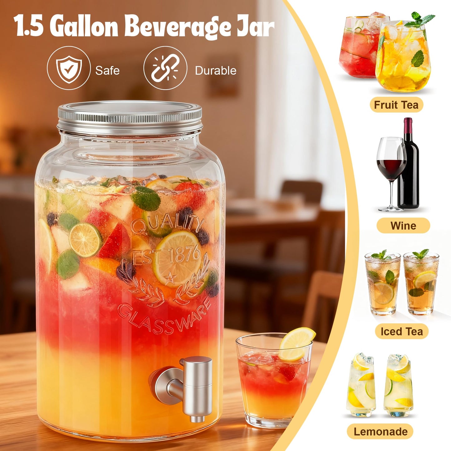 2PCS 1.5 Gallon Drink Dispenser - Glass Beverage Dispenser With Wood Stand and Leakproof Stainless Steel Spigot, Large Drink Dispenser for Parties, Lemonade, Iced Tea, Laundry Detergent Container