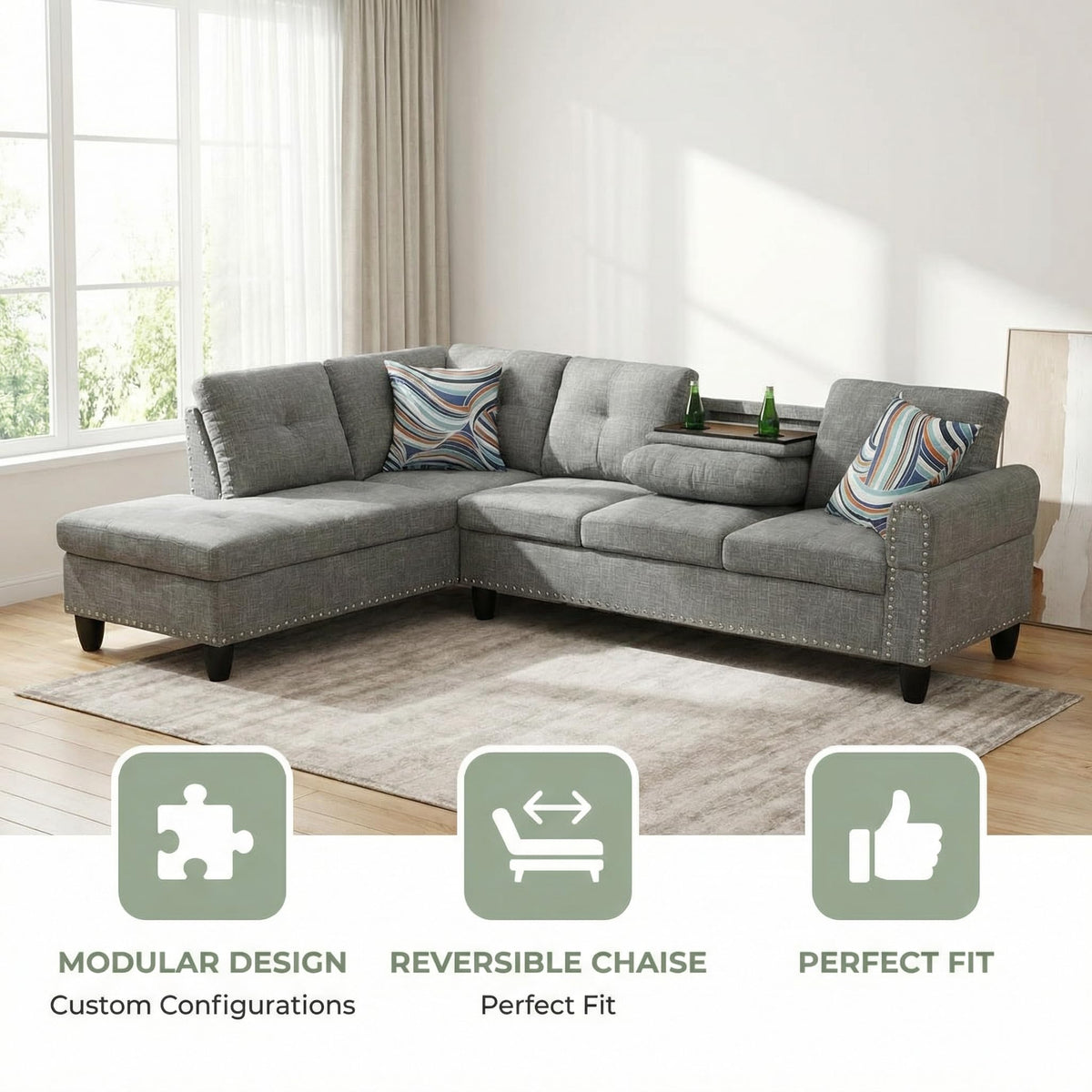 Trygoal 97" Linen 4-Seat L-Shaped Sectional Sofa with Movable Chaise & Storage Ottoman - 3-Piece Modular Convertible Couch for Living Room, Bedroom, Apartment & Office, Grey