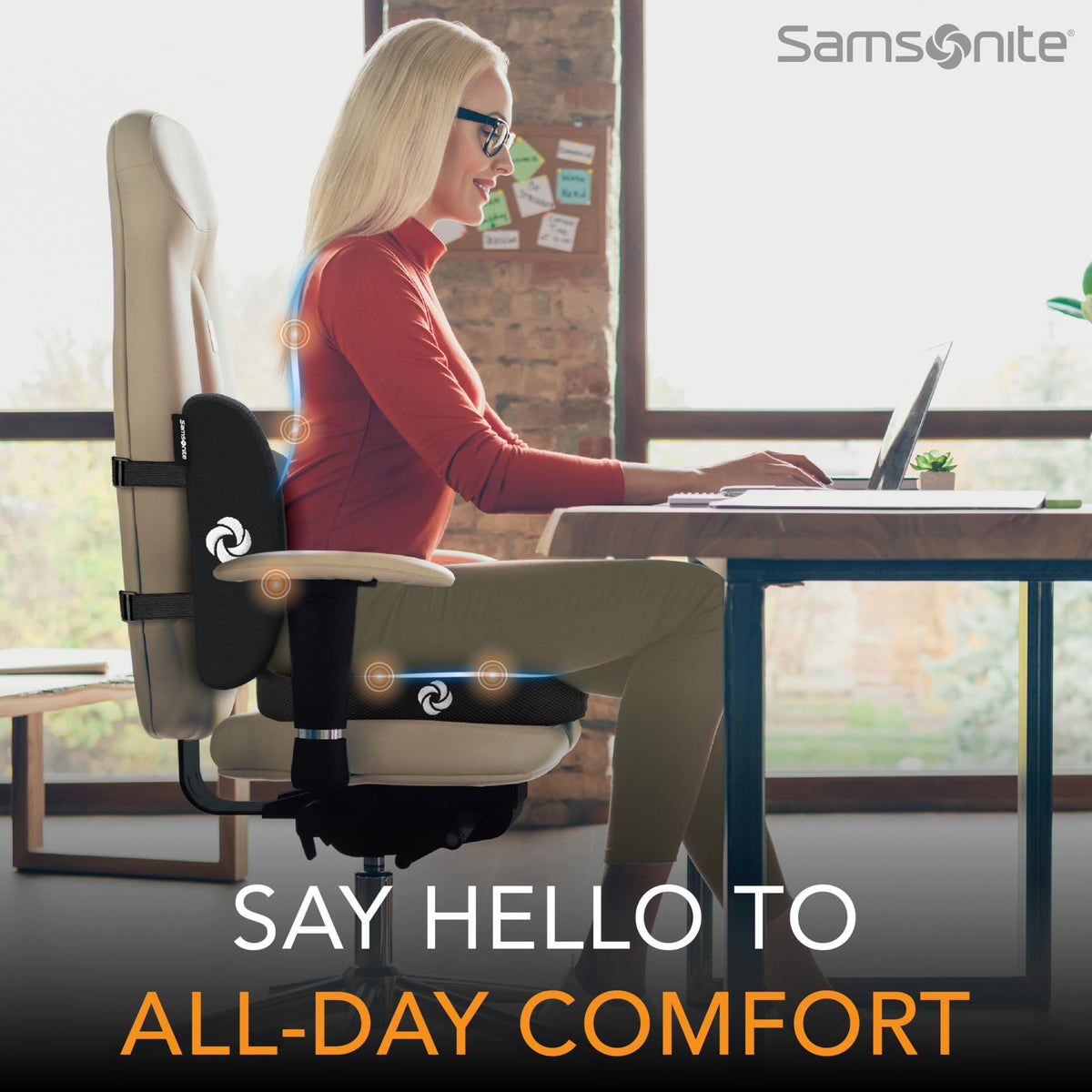 Samsonite Ergonomic Seat Cushion and Lumbar Support Cushion Combo, Memory Foam Office Chair for Back Support, Car Seat and Wheelchair Ergonomic Pillow, Premium Home and Office Desk Accessories