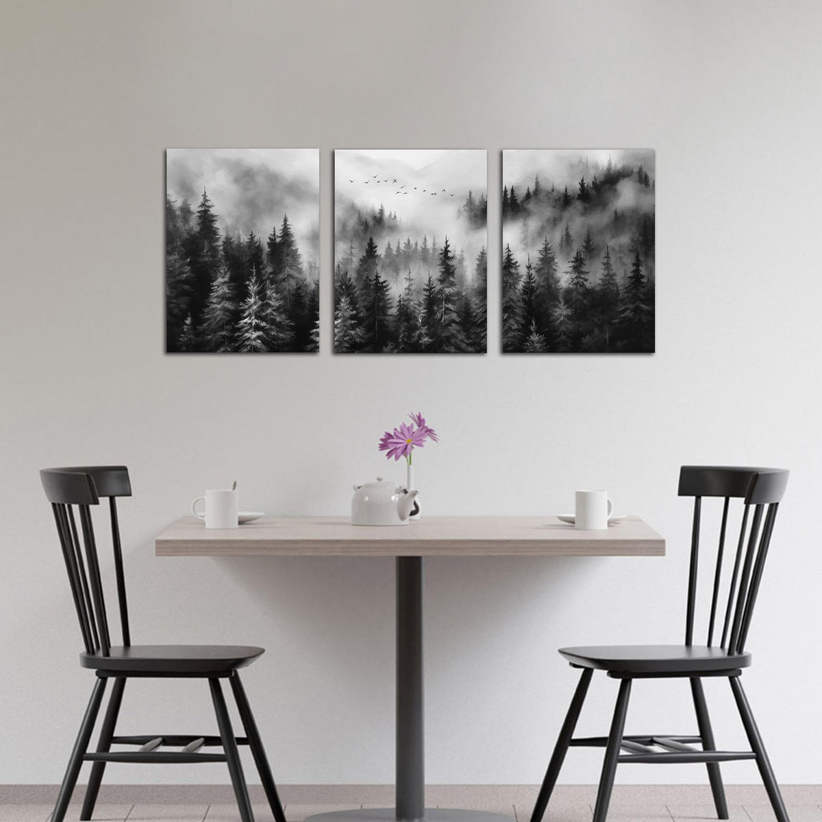 TYTAUPT Foggy Forest Canvas Wall Art for Bedroom Black and White Pictures Wall Art for Living Room Home Office Wall Decor 12 x 16 Inch x 3 Pieces