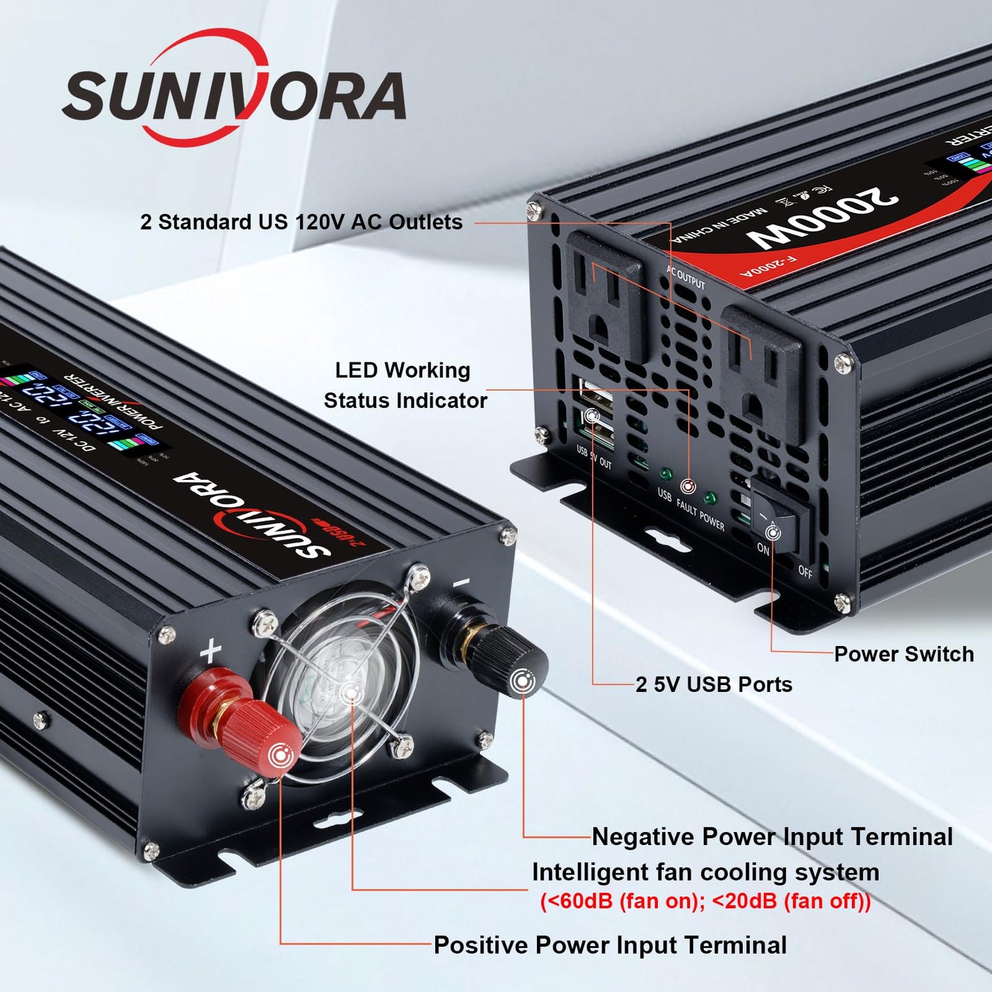 2000 Watt Power Inverter 12V DC to 110V/120V AC Converter 4000W Peak with LCD Display, 3 AC Outlets & 2 USB Ports Power Inverters for Vehicles Car Truck Boat RV Camping Solar System EPS