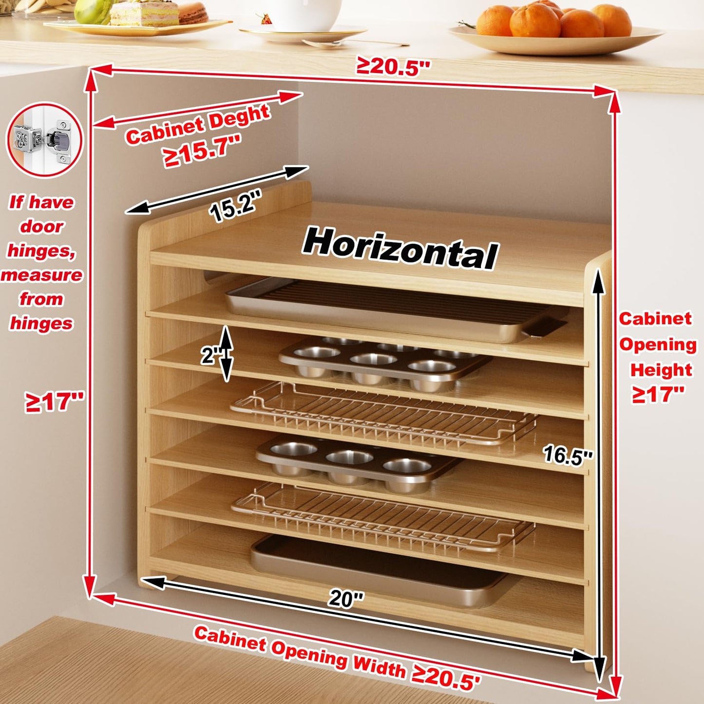 Sawjut 7 Tier Wooden Tray Dividers for Cabinets Cookie Sheet Organizer for Pot, Pans, Baking Tray Organizer for Kitchen Documents Storage(20" W x 16.5" H x 15.2" D)