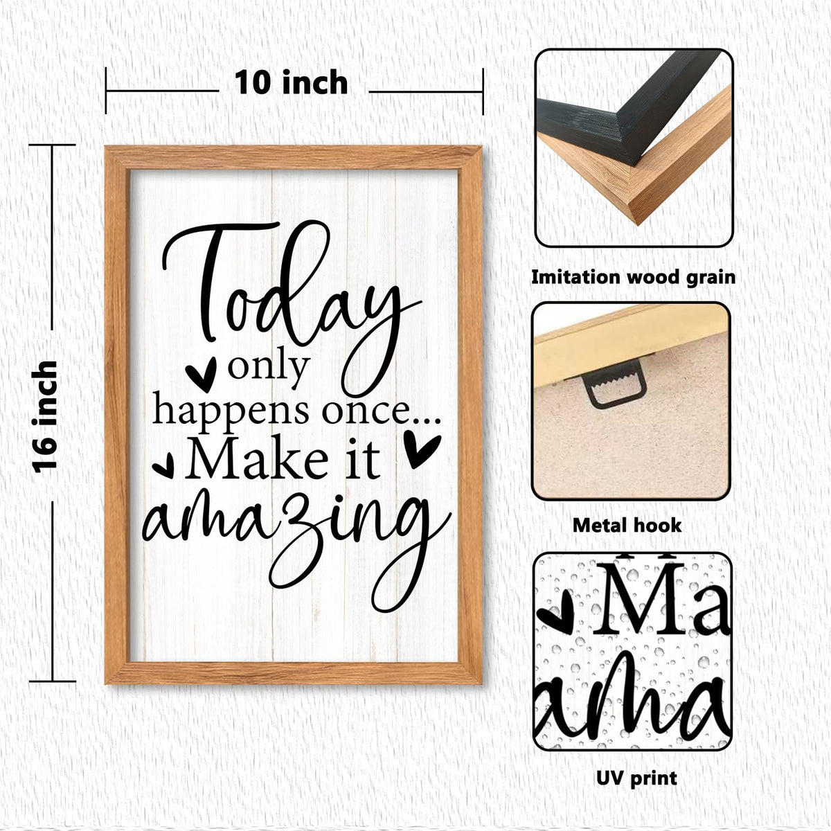 AuraPeak Today Only Happens Once Make It Amazing Inspirationa Quotes Office Wall Decor, Motivational Sayings Frame Rustic Home Living Room Laundry Room Wall Art Hanging (Wood 16"×10")