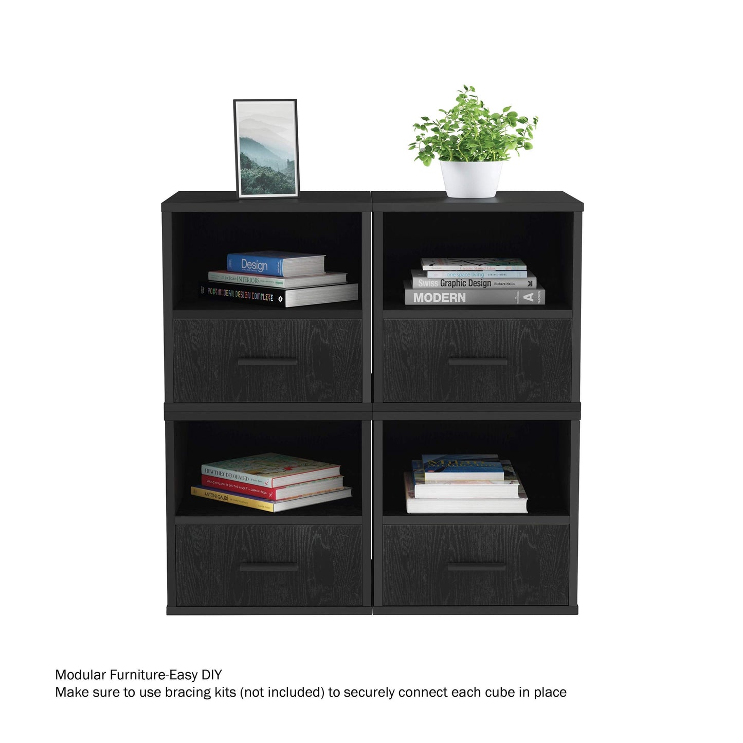 Lavish Home End Stackable Contemporary Minimalist Modular Cube Accent Table with Drawer for Bedroom, Living Room or Office, 16.25 x 15.75 x 15.75 in, Black
