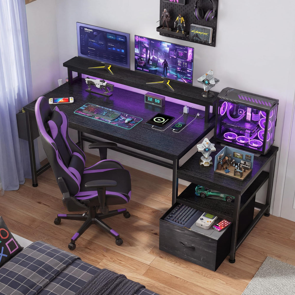 EnHomee 56.5" Black Computer Desk with File Drawers and Printer Space,Office Desk with Power Outlets and Monitor Stand,Gaming Desk,Study Desk, Writing Desk, Bedroom Desk