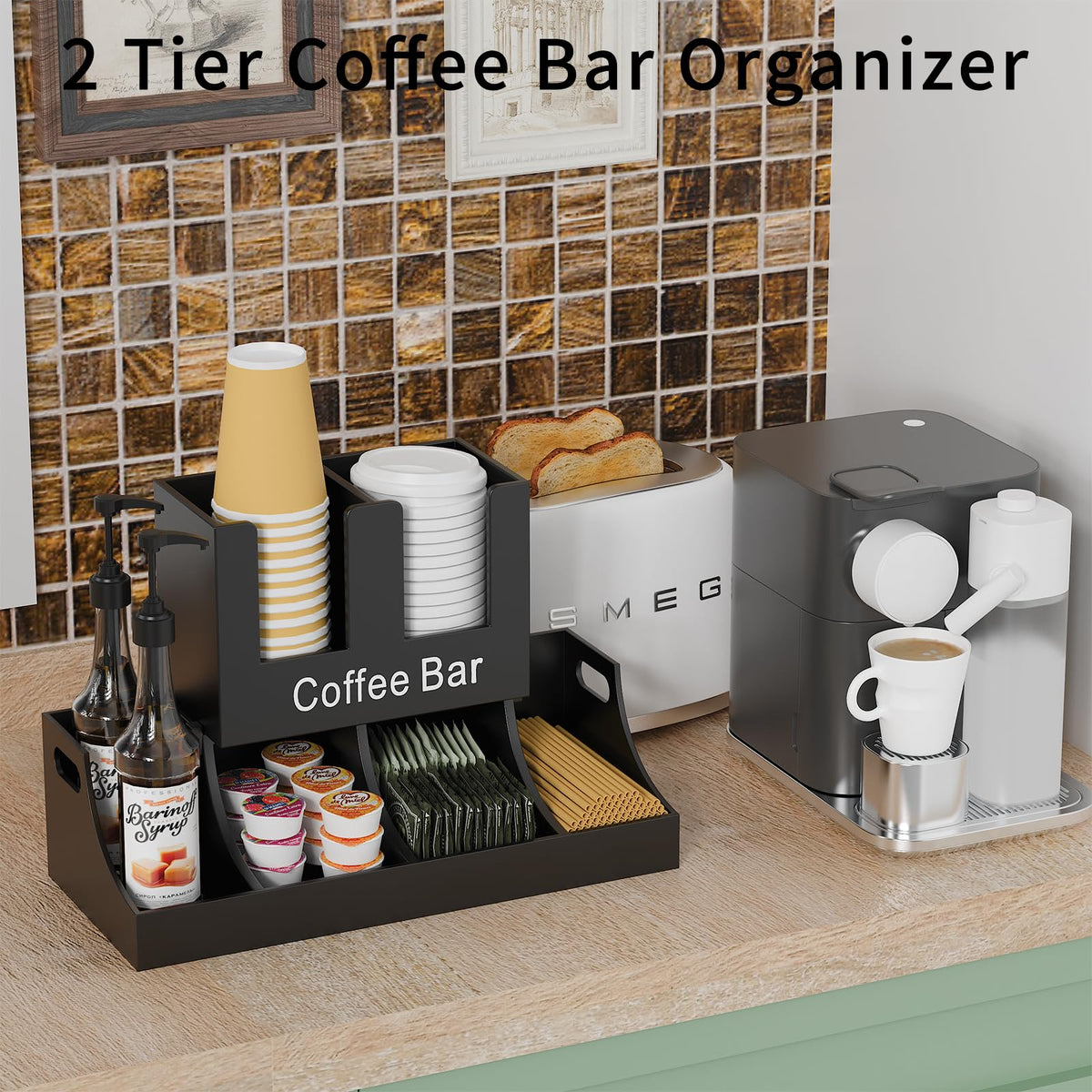 Busidhji Coffee Station Organizer, Wooden Coffee Bar Organizer for Countertop, Condiment and Cup Storage Organizer, Bar Accessories for Kitchen, Office, Home, Black
