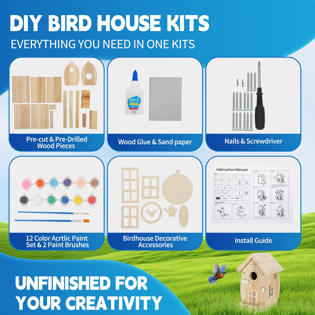 DIY Birdhouse Kit for Adults - Wooden Craft House to Build and Paint, Complete Set with Brushes, Non-Toxic Paint, Sandpaper & Glue, Creative Garden Yard Patio Decor Gift Idea