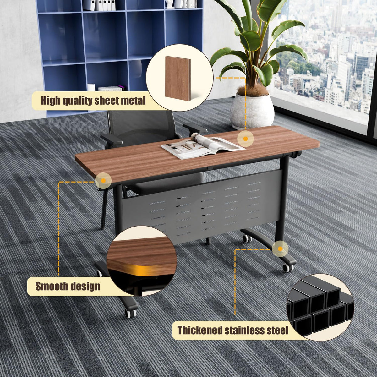 Folding Conference Room Table, Modern Conference Tables with Wheels for Office Classroom,Flip-Top Training Table Water-Resistant P2 Particle Board & Anti-Corrosion Alloy Frame (2, Walnut-Small, 47.2)