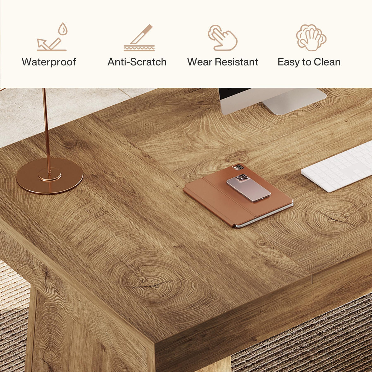 Tribesigns 55-Inch Executive Desk, Thick Wood Office Computer Desk with Double Pedestal, Modern Minimalist Workstations Writing Table Conference Table Furniture for Home Office, Light Brown