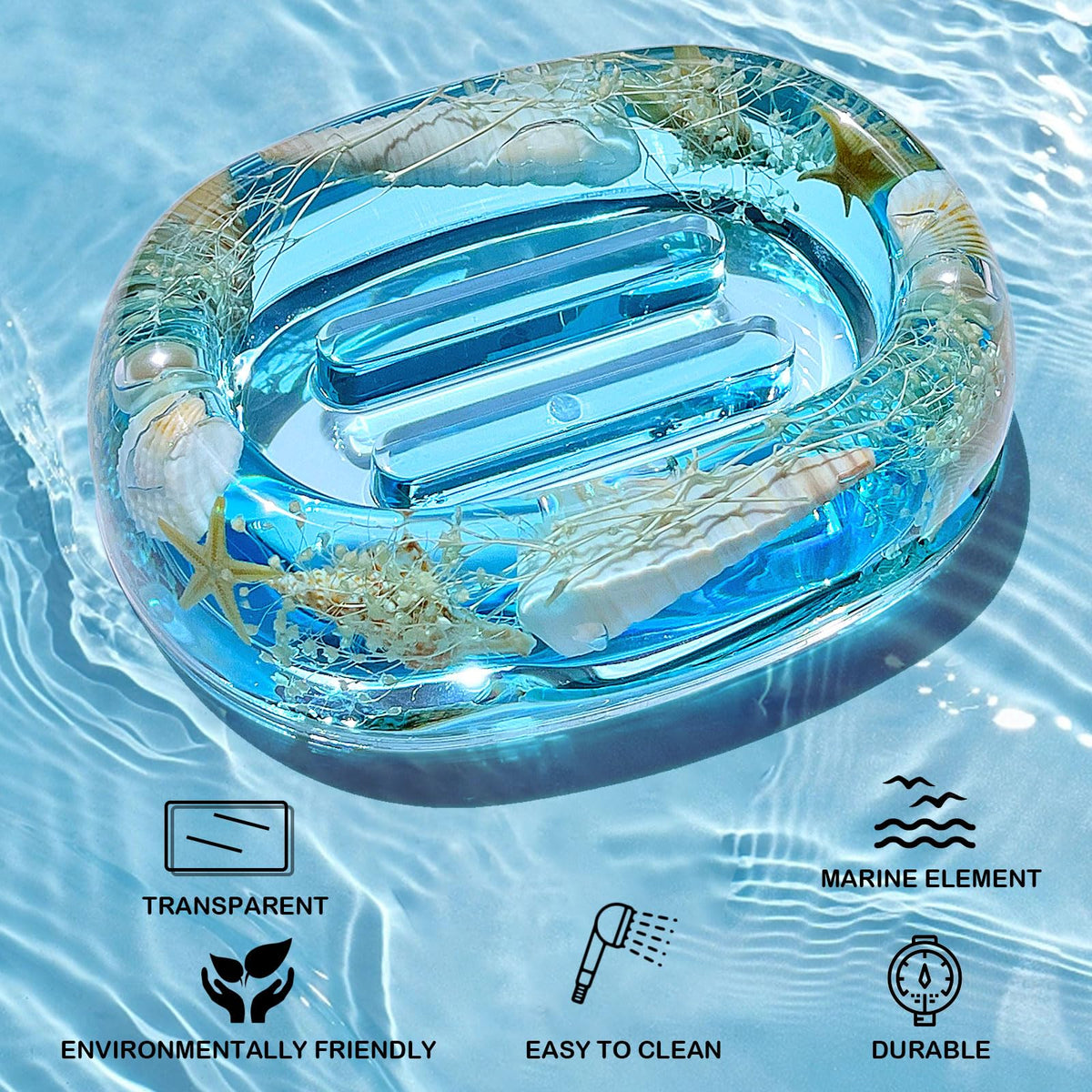 FONMY Soap Dish Acrylic w/Nature Seashell Bar Soap Holder Shower Soap Tray for Home, Camping Travel, Dry Stop soap Saver for Bathroom Vanity Countertop Office Unique Gifts and Home Decoration (Blue)