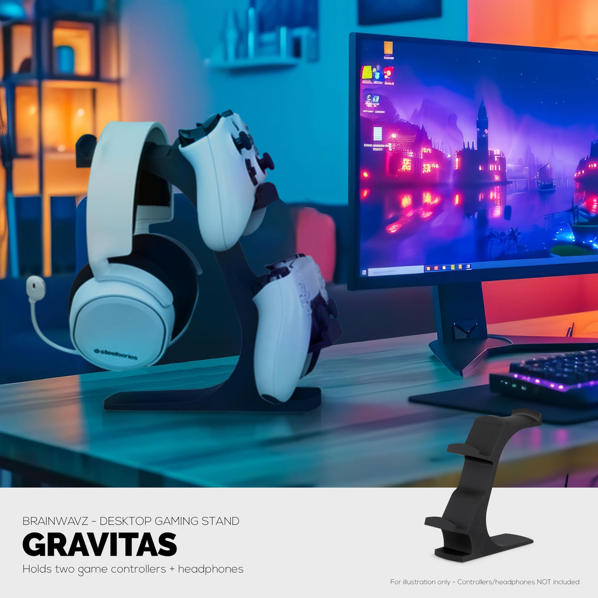 BRAINWAVZ The Gravitas - Headphone Stand & Game Controller Holder for Desk - Universal Design for All Types of Headsets & Gamepads (Black)