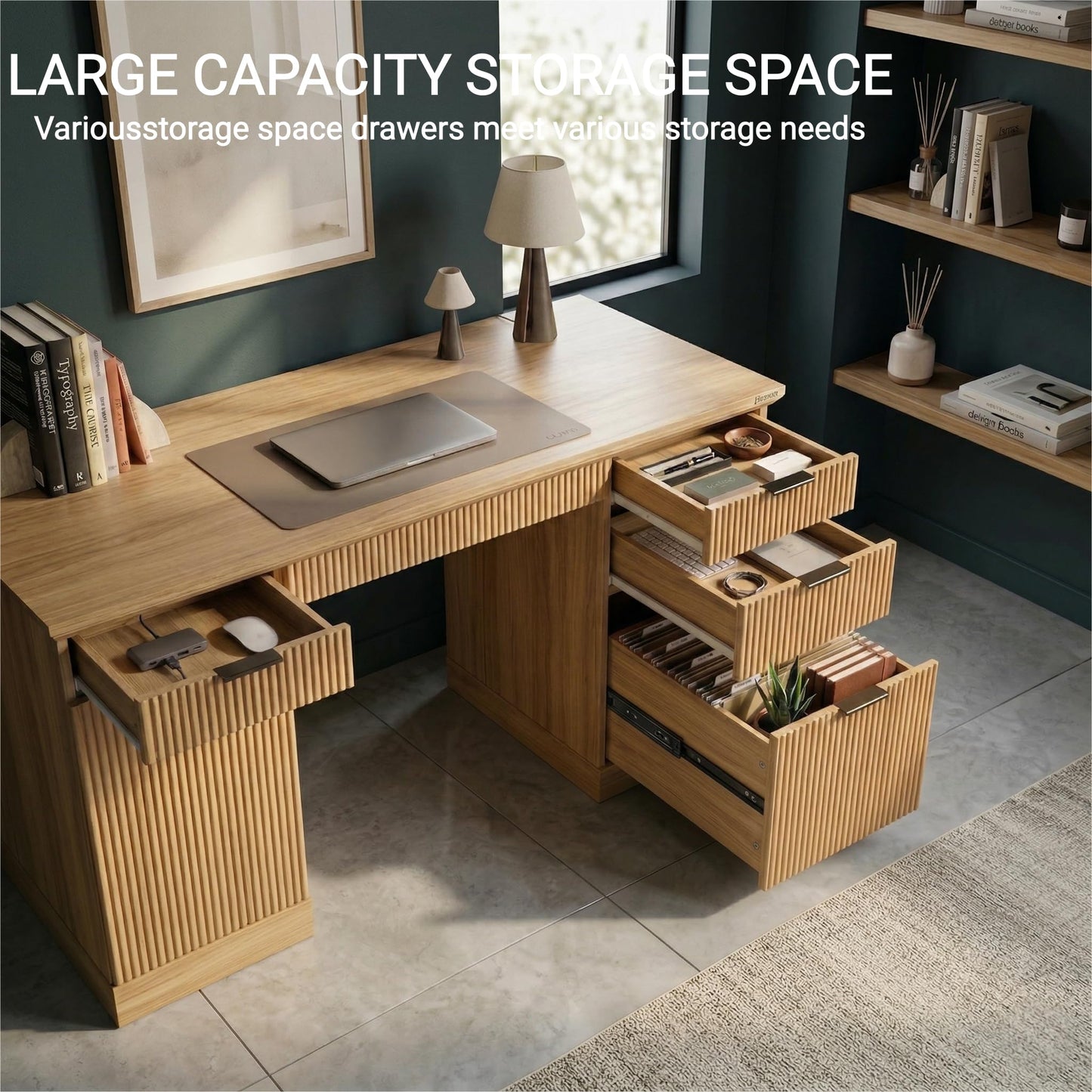 FURSUN 58" Executive Desk with Charging Station & File Drawer, Modern Fluted Home Office Desk with 5 Drawers & Keyboard Tray, Large Computer Writing Desk, Natural Oak