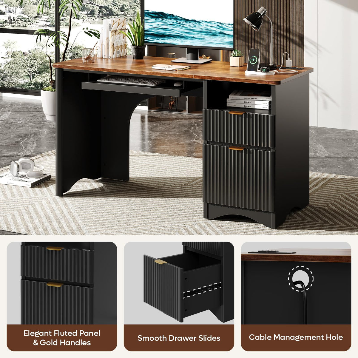 Bestier Computer Desk with Keyboard Tray, 55 inch Office Desk with Power Outlet, Modern Home Office Desk with File Drawer (Walnut with Black, 55" W with Single-Sided Drawers)