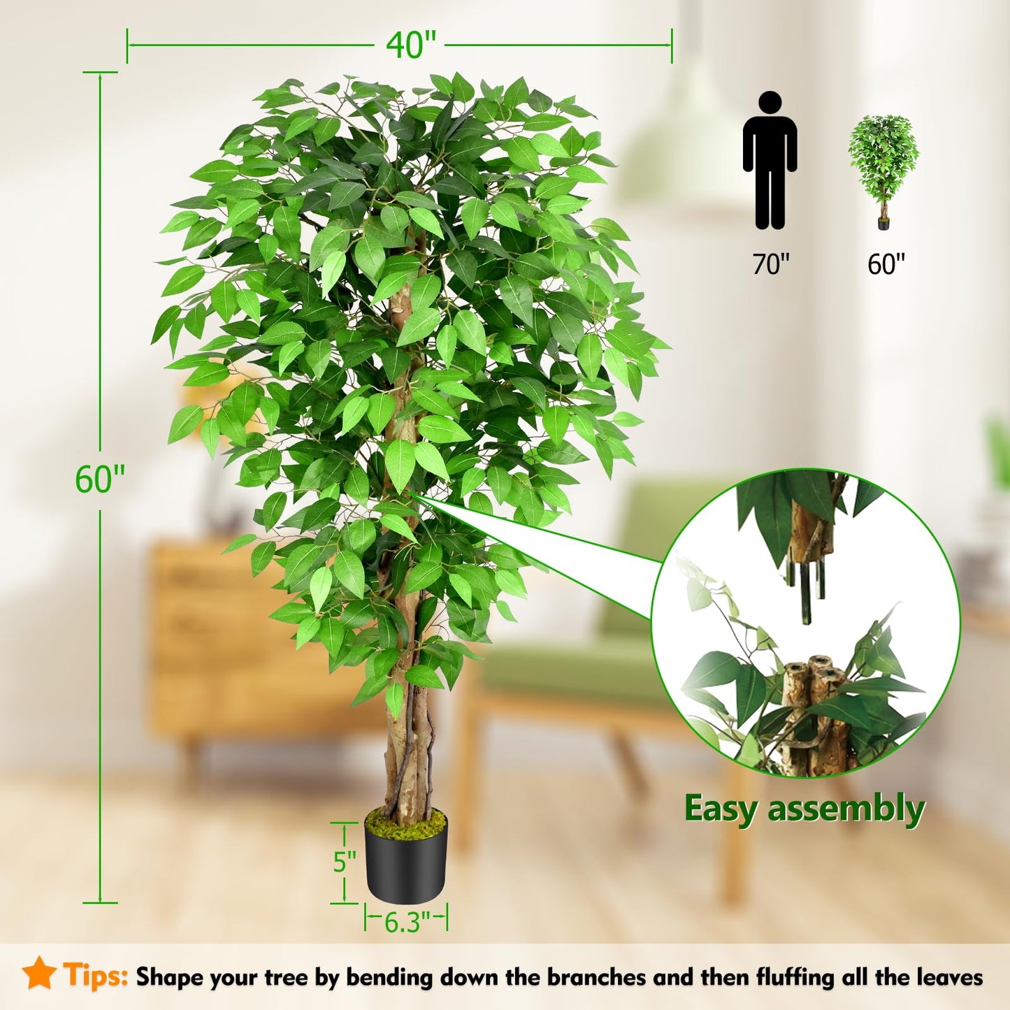 Keeplush 5ft Ficus Artificial Trees with Natural Curved Trunks, 60" Tall Lush Faux Tree for Home Decor Indoor, Green Lifelike Fake Ficus Tree Artificial Plants (Set of 2)