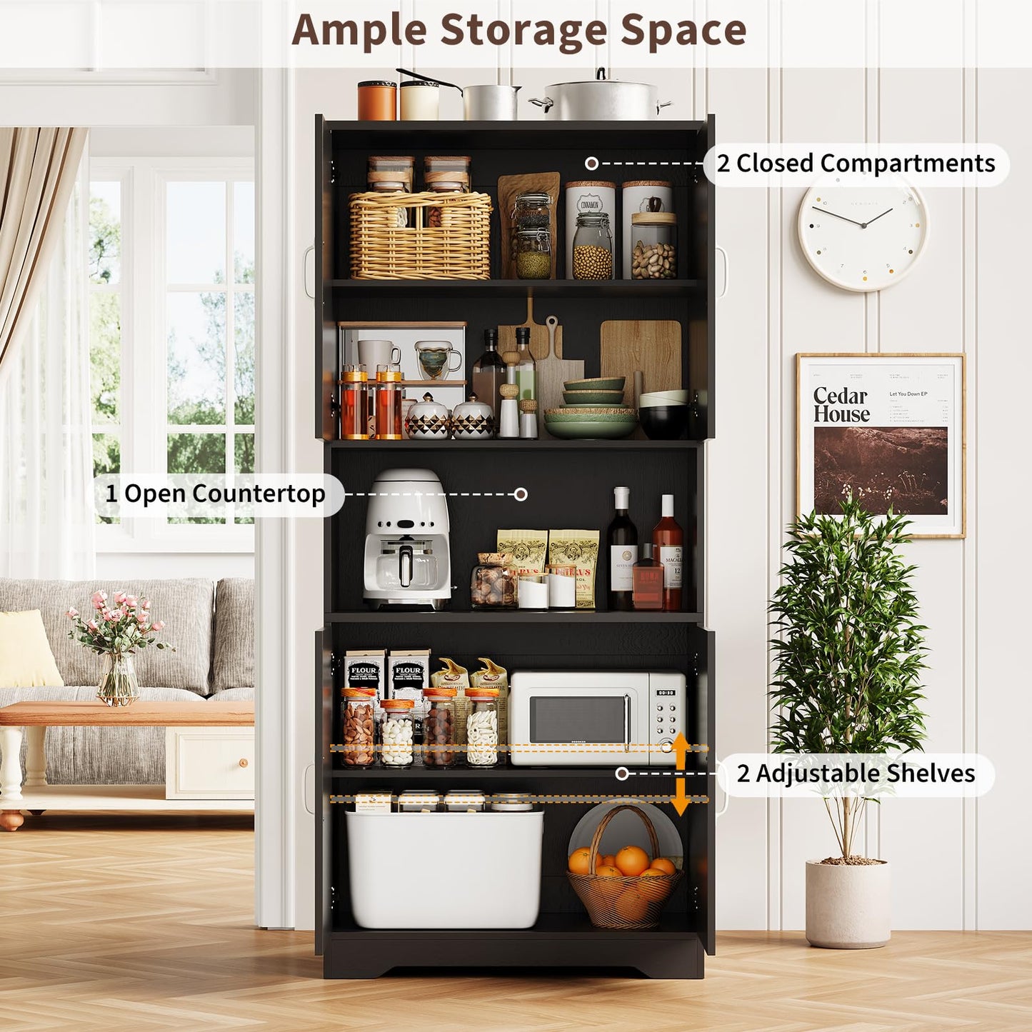 IDEALHOUSE 70" Kitchen Pantry Storage Cabinet, Farmhouse Kitchen Hutch Cabinet with 4 Doors & 2 Adjustable Shelves, Freestanding Cupboard with Microwave Stand for Dining Room,Living Room,Black
