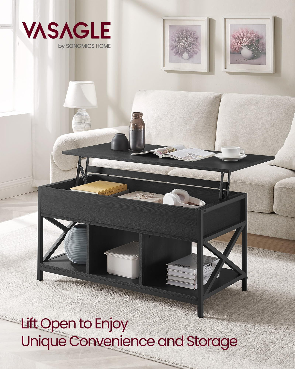 VASAGLE Coffee Table Lift Top, 3 in 1 Center Table with Storage, Gas Spring, 2 Drawers and 3 Hidden Compartments, Open Shelf, for Living Room, Home Office, Honey Brown and Rustic White ULCT254W01
