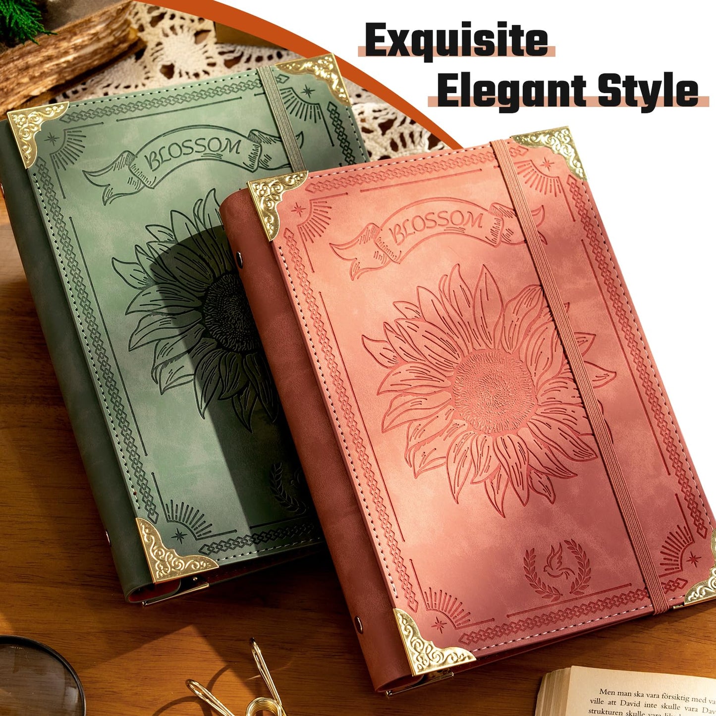 Ovesmusl Sunflower PU Leather A5 Binder 6 Ring Refillable Journal Cover No Inserts A5 Planner Binder Loose Leaf Binder for Notebook 5.7”x8.3” with Elastic Closure, Green