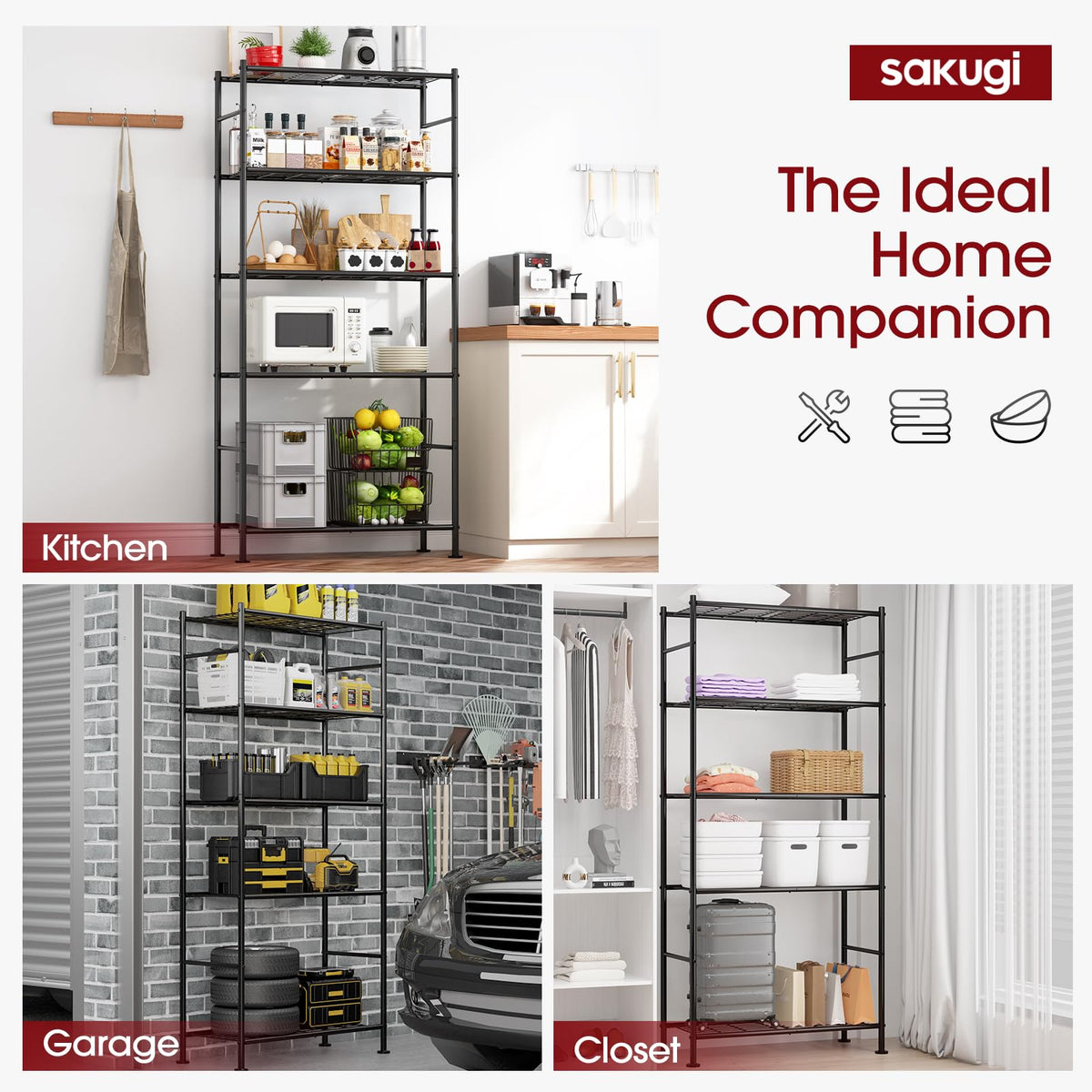 Sakugi Storage Racks - 2 Pack, 5-Tier Freestanding Steel Shelving Units with Reinforced Frame, Adjustable Garage Organization Shelves for Warehouse, Basement, Workshop, 33.5" x 12.6" x 72", Black