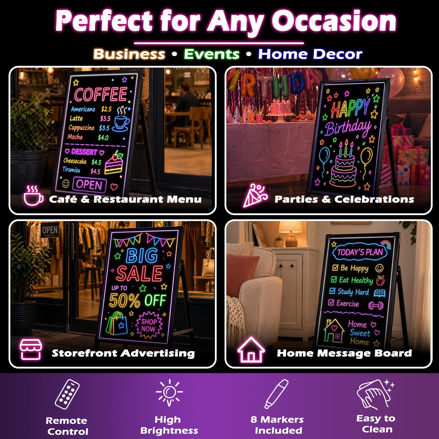 Standing A-Frame LED Message Writing Board 32" x 24", Neon Menu Sign with Adjustable Height, Outdoor Menu Display Board with 8 Colors Markers and Remote Control, DIY Message Light Board