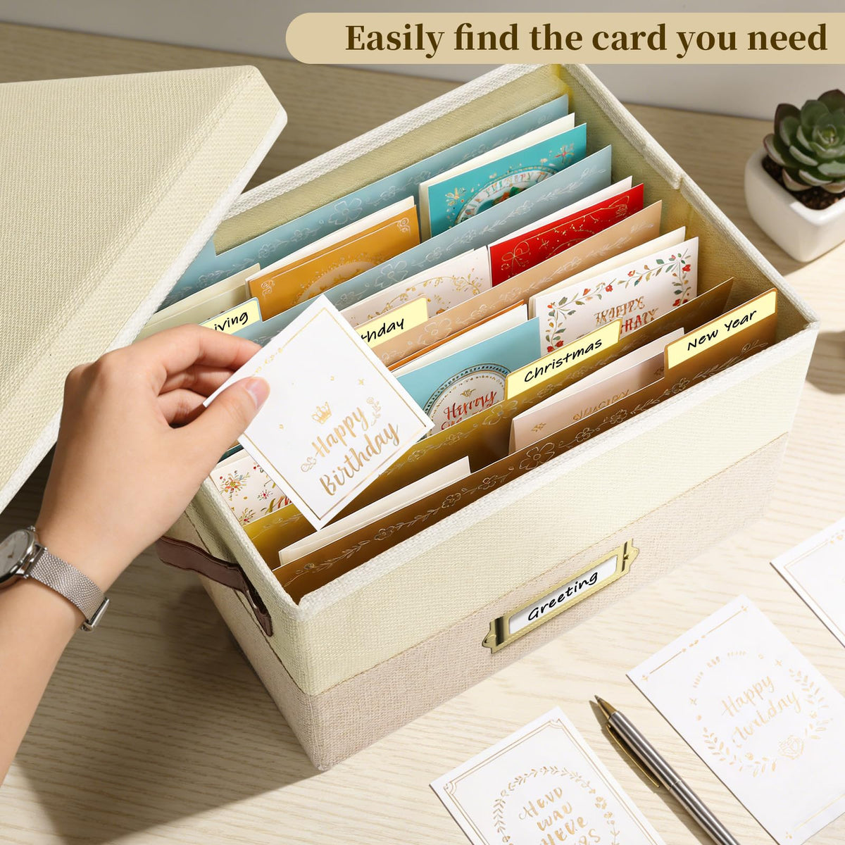 Remowith Greeting Card Organizer, Linen Storage Box with 20 Removable Dividers, 84 Labels & 1 Marker, Perfect for Greeting Cards, Photos, Envelopes, Stickers, Postcards, Beige&Khaki