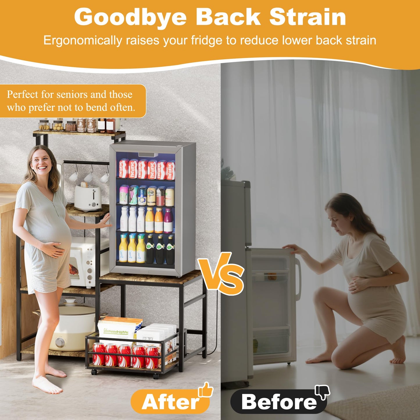 HYPIGO Mini Fridge Stand with Storage, Coffee Bar Cabinet Station with Power Outlet, Kitchen Baker’s Rack with Adjustable Shelf, Movable Basket, Refrigerator Organizer for Kitchen, Dorm, Home, Office