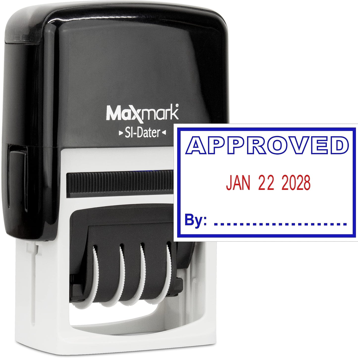 MaxMark Office Self Inking Date Stamp with Phrase Approved - 2 Color Blue/Red Ink