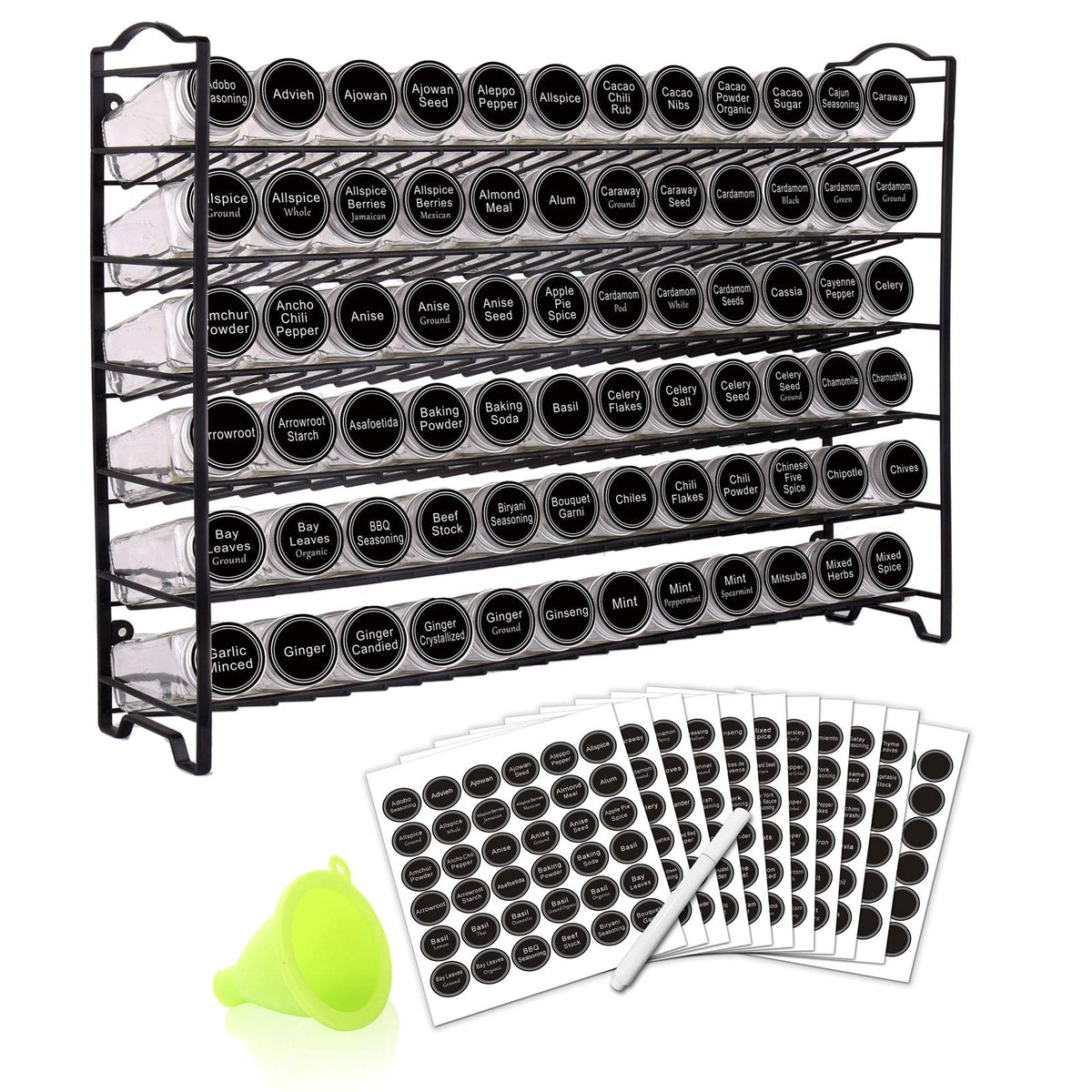 SWOMMOLY Spice Rack Organizer with 72 Empty Square Spice Jars, 340 Spice Labels with Chalk Marker and Funnel Complete Set,for Countertop,Cabinet or Wall Mount, Black
