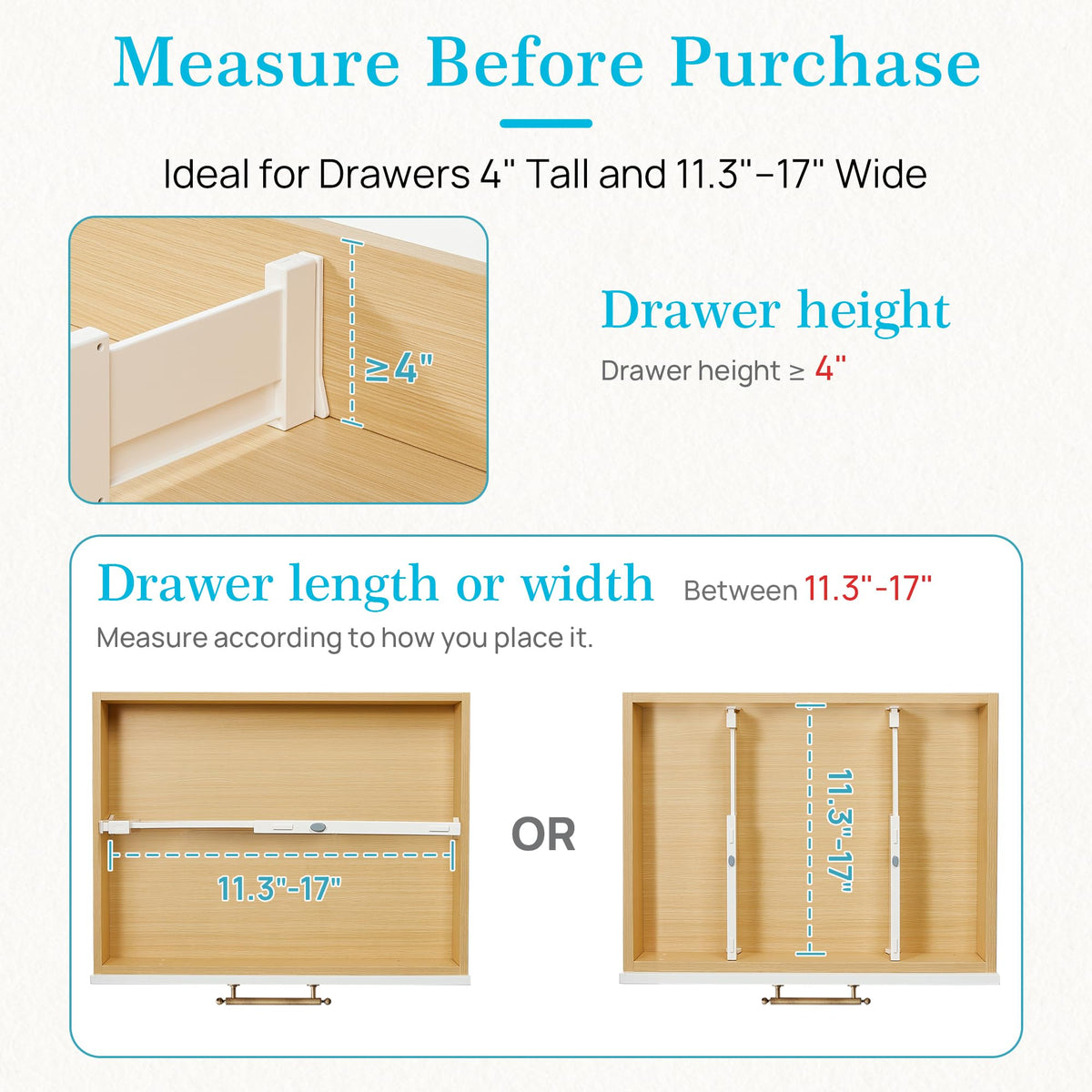 Vtopmart Drawer Dividers for Clothes 8 Pack, Adjustable 4" High Expandable from 11.3"-17" Dresser Drawer Organizer, Plastic Drawers Separators for Dresser, Baby Clothes, Kitchen and Office Storage