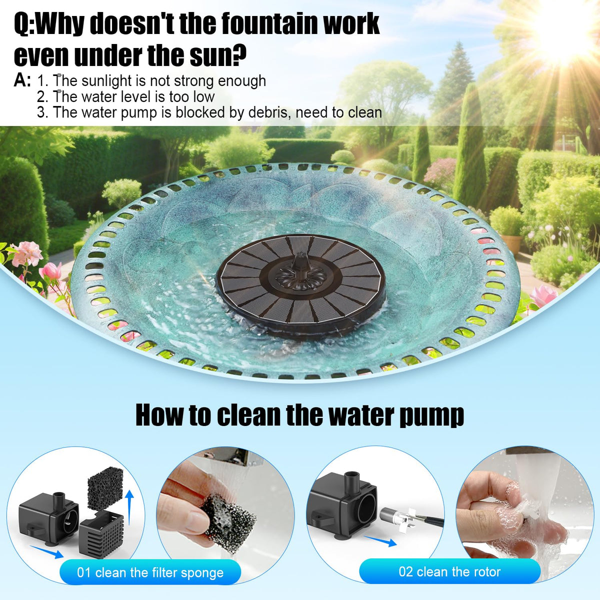 Solar Fountain Work On Cloudy Day,Solar Water Bird Bath Fountain with Faster Conversion Glass Solar Panel and Power Indicator,Built-in 2000mAh Battery,Outdoor Garden Decor(Black Panel)