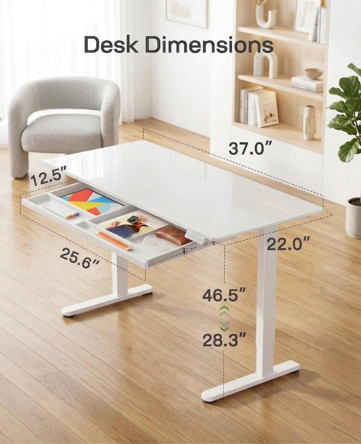 Marsail Glass Standing Desk with Drawer 37 x 22 Inches Stand up Desk Standing Desk Adjustable Height with One-Piece Tempered Glass Top, Ergonomic Home Office Desk with 4 Preset Heights White