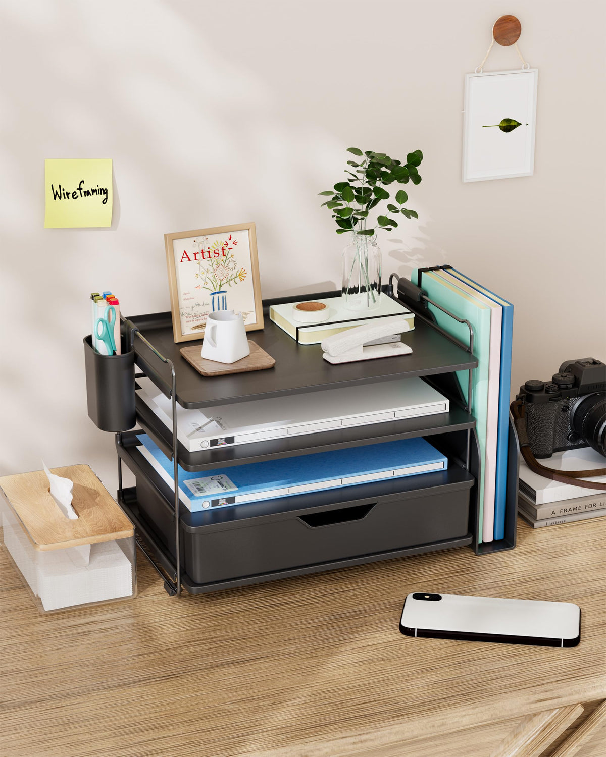 Kitsure Desk Organizer - 4-Tier Office Desk Accessories with Drawer ＆ Pen Holder, Tool-Free Assembly Organizer with Non-Slip Pads, for Office Supplies Storage, Plastic, 13.3" x 8.0" x 10.8", Black