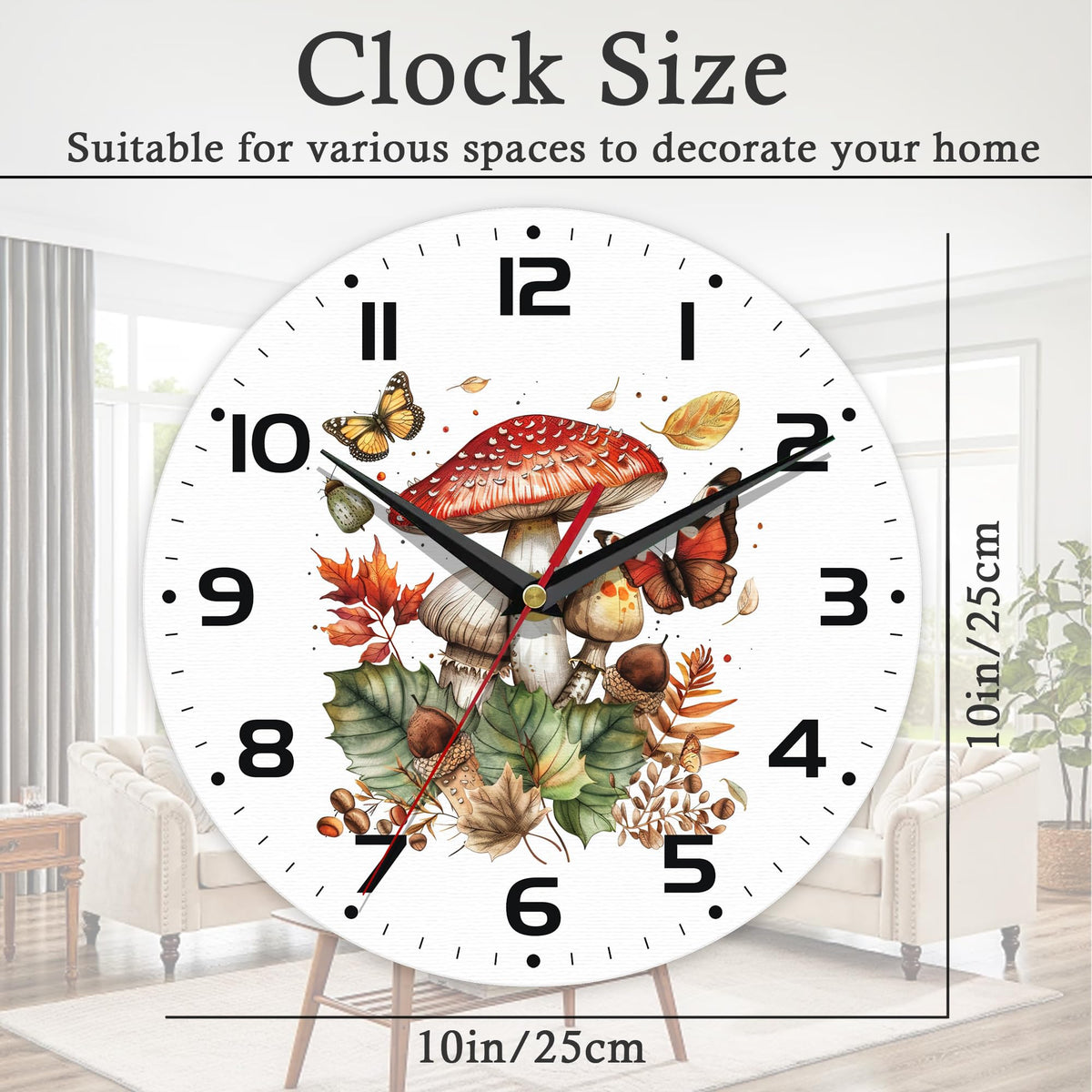 ENUIEO Wall Clock, 10 Inch Silent Non-Ticking Home Kitchen Decor, Battery Operated for Bathroom Bedroom Living Room Office(Mushroom Butterfly)