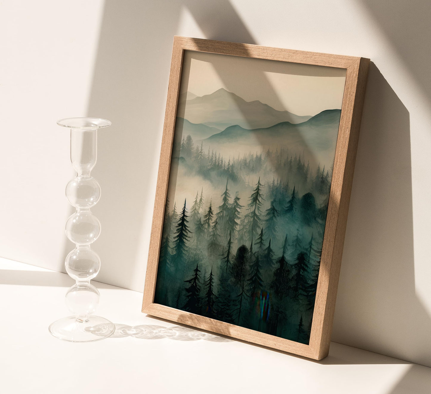 Framed Misty Mountain Forest Wall Art Set, Mordern Calming Pine Forest Oil Painting Canvas Prints, Smoky Mountain Landscape Wall Decor, Green Natural Scenery Poster for Living Room Bedroom Office