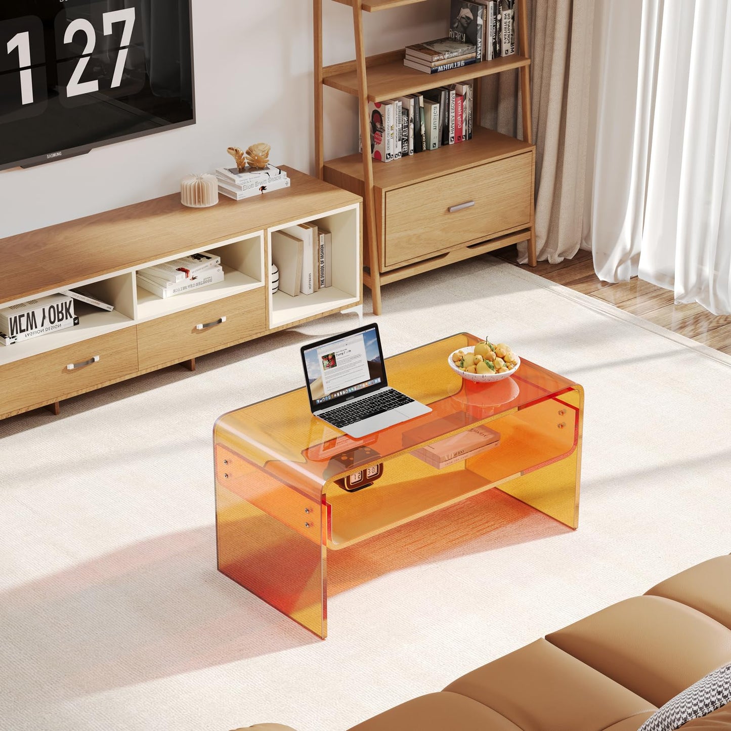 XOHYW Acrylic Coffee Table, Orange Rectangle Side Table Furniture, Modern Tea Table with Open Storage for Living Room, Office Reception and Bedroom