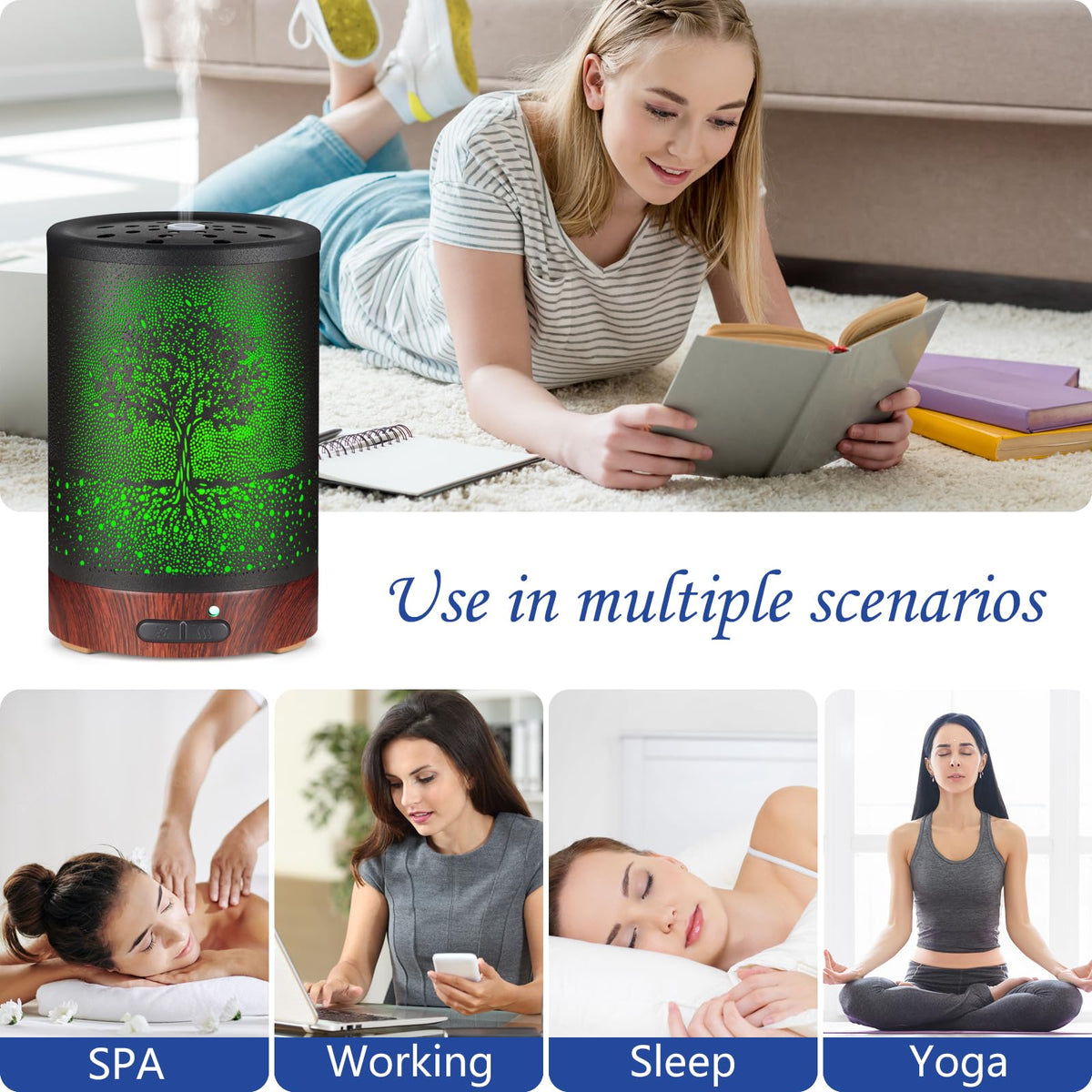 Essential Oil Diffuser- Aromatherapy Diffuser with7 Colors Light and Auto-Off for Women Metal Cool Mist Humidifier for Home and Office for Mom Women(Tree)