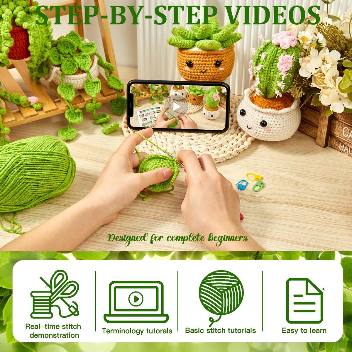 MAGIMUSE Crochet Kit for Beginners, Crochet Starter Kits, Amigurumi Craft Knitting Crocheting Kits with Step-by-Step Video Tutorials, 6 Pack Hanging Potted Plants Family(40%+ Yarn