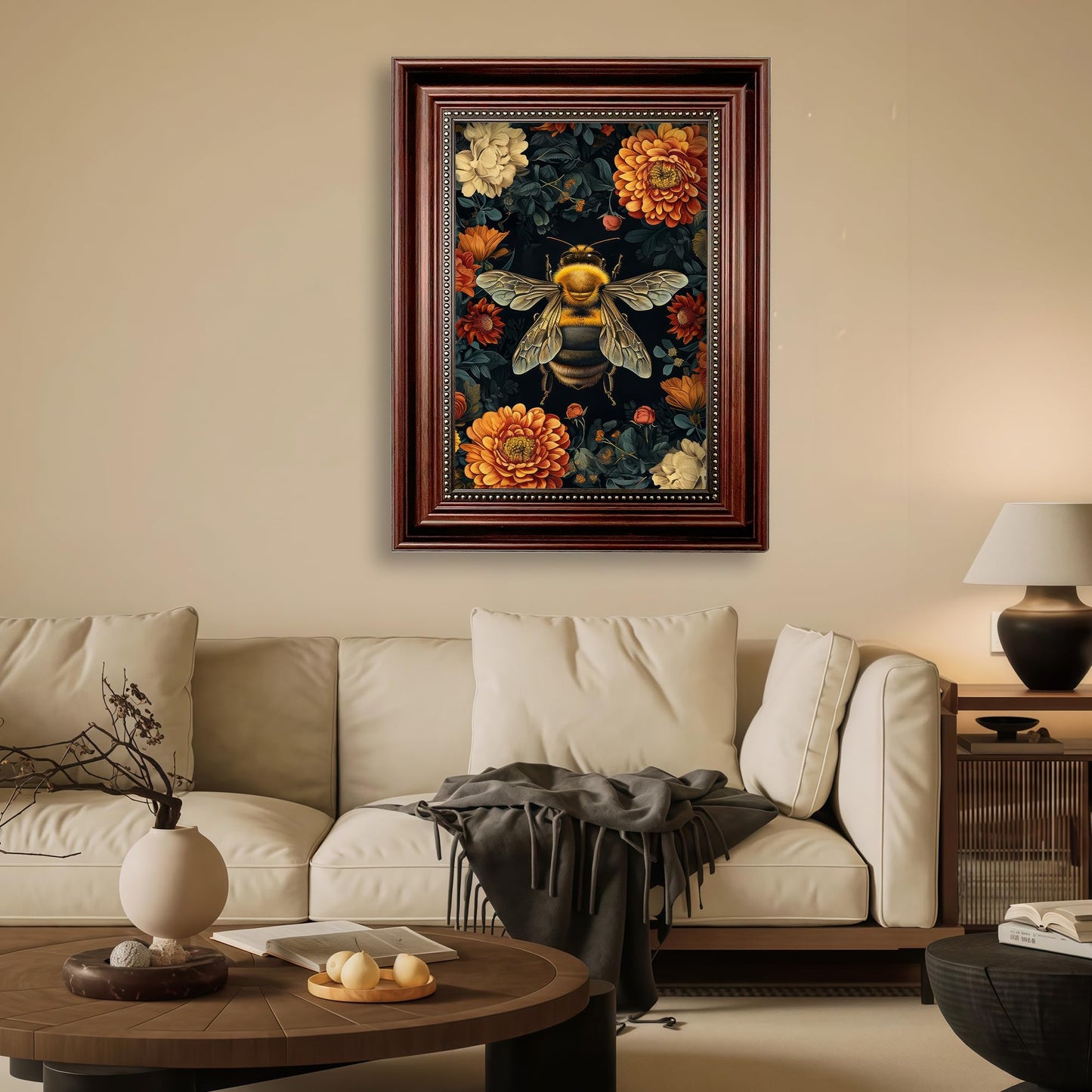 Framed William Morris Bee Canvas Wall Art Retro Mid Century Country Insect Wall Decor Pictures Dark Academia Botanical Floral Poster Prints for Office Living Room Bedroom Home Decoration 12x16in