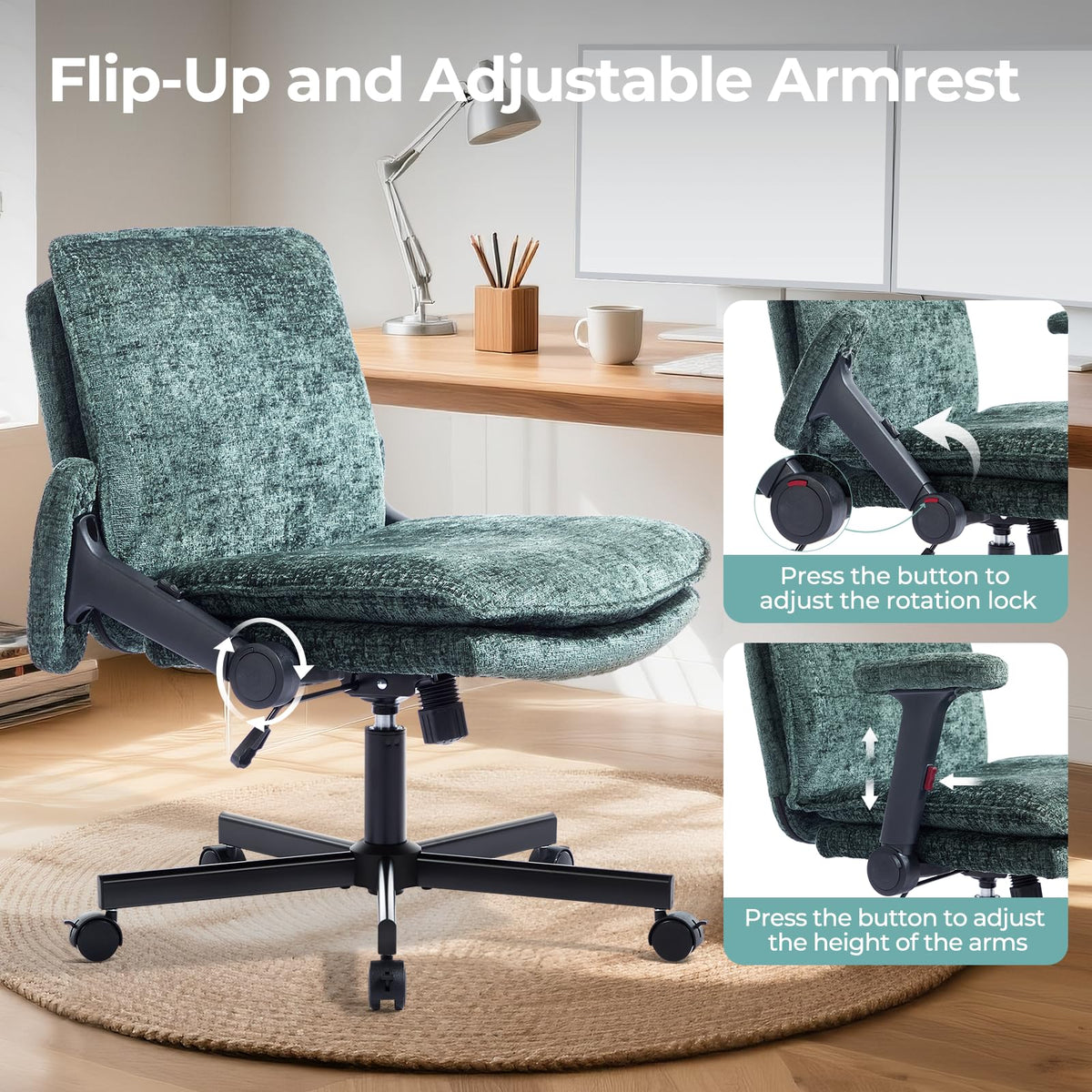 Morkprism Criss Cross Chair with Flip-Up Arms and Lockable Wheels, Plush Fabric Cross Legged Office Desk Chair,Wider 125°Tilting Adjustable Swivel Computer Chair for Home, Apartment, Bedroom,Green