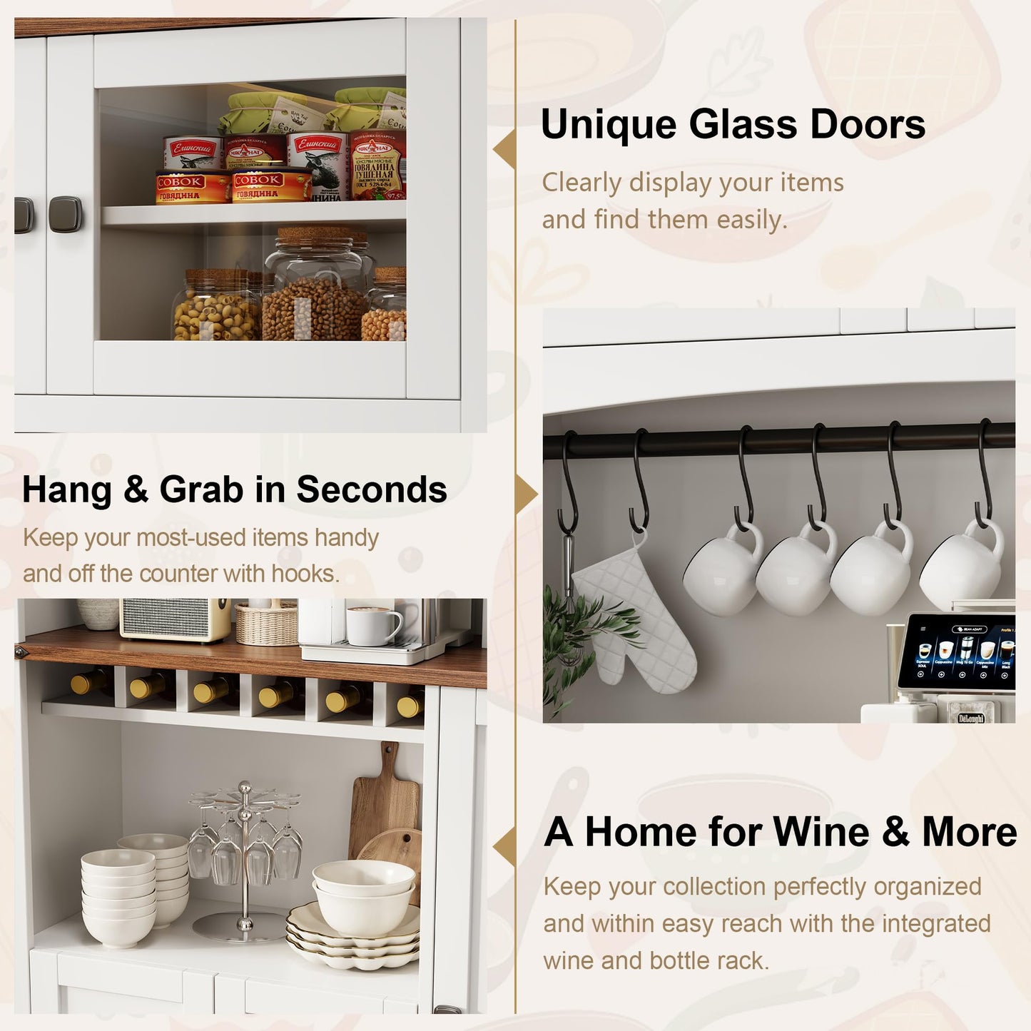 Einhomn 71" Tall Kitchen Pantry Cabinet with Charge Station, 3 Adjustable Shelves, Wine Rack and Glass Door, Kitchen Hutch for Dining Room, Kitchen and Living Room, White