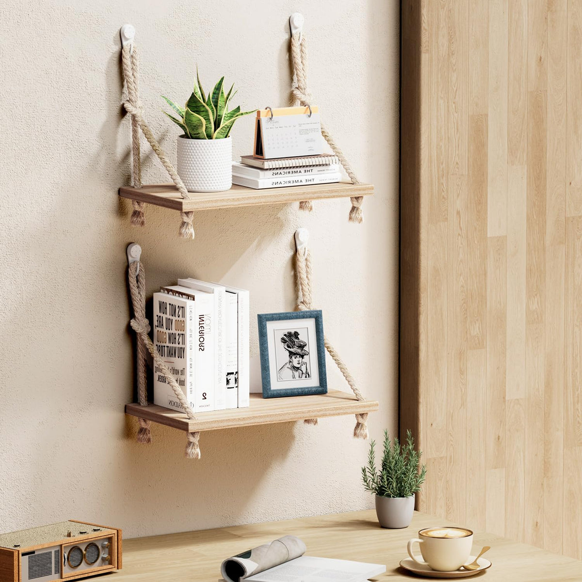 2 Pack Fabric Wall Cubicle Shelf, 11.8" Wooden Hanging Cubicle Shelf Organizer with Hooks, Dual Mounting Options, Cotton Rope Storage Shelf, No-Drill Boho Style for Office Cubicles & Desk Decor