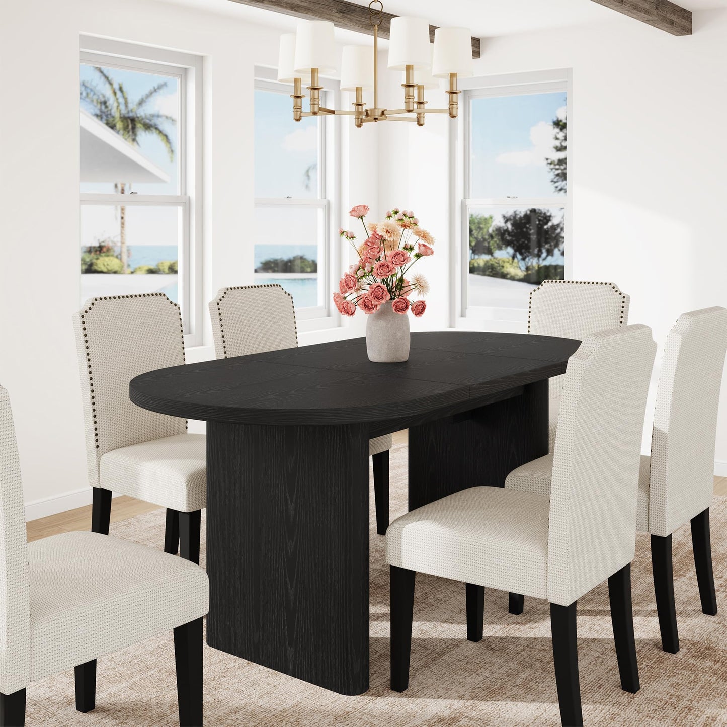 GarveeHome Oval Dining Table for 6-8 People, Long Large Kitchen Table with Thick Sturdy Wooden Base, Farmhouse Dining Room Table for for Kitchen, Living Room, Office (63" Long,Black)