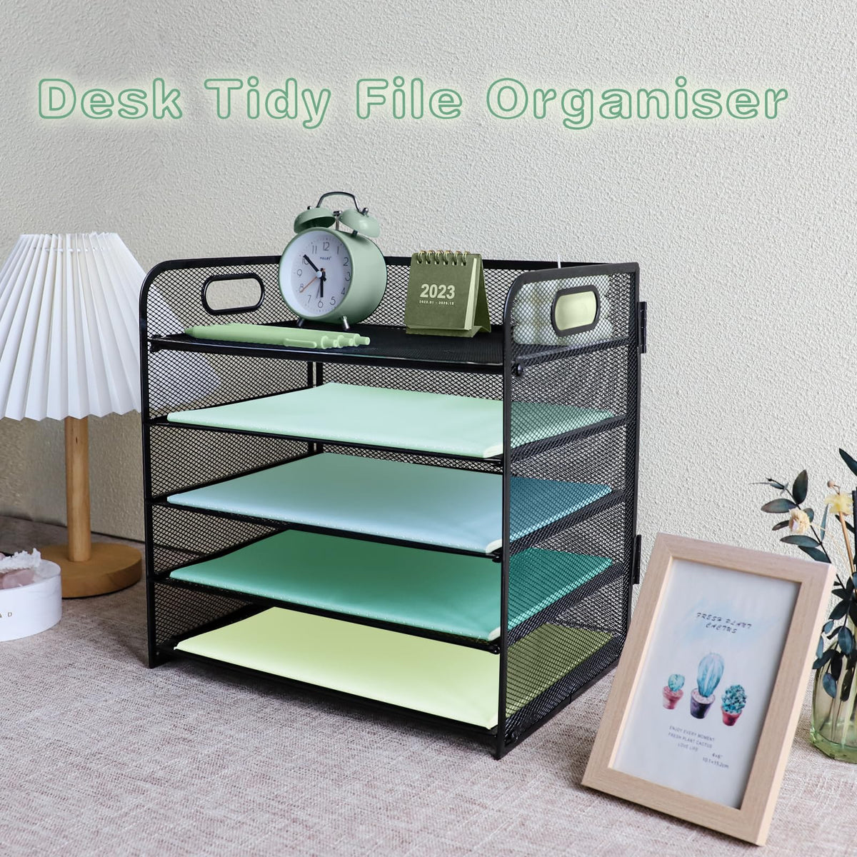 IOUGDSEC Paper Letter Tray with Handle, 5 Tier Metal Mesh Desk File Organizer, A4 Paper Desktop Filing Trays, Desk Tidy Magazine Document Holder for Home Office, Black