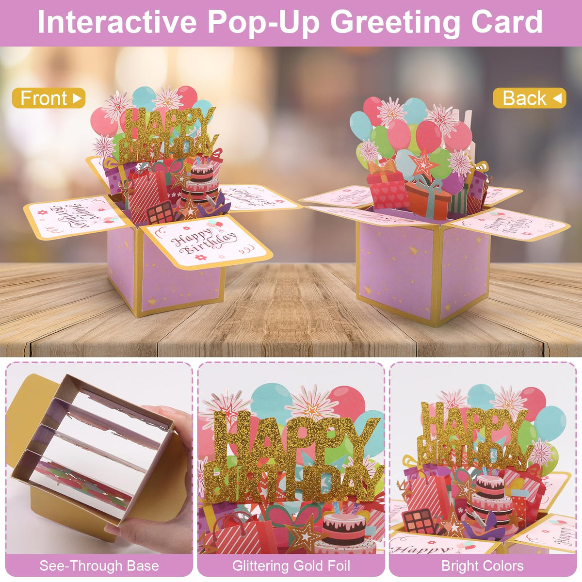Fushing 3D Pop Up Birthday Card - Sweet Birthday Box Greeting Card Box with Blank Message Card & Envelope, Unique Handmade Scrapbook for Wife, Women, Men, Kids, Daughter, Son, Mom, Dad, Friend (Pink)
