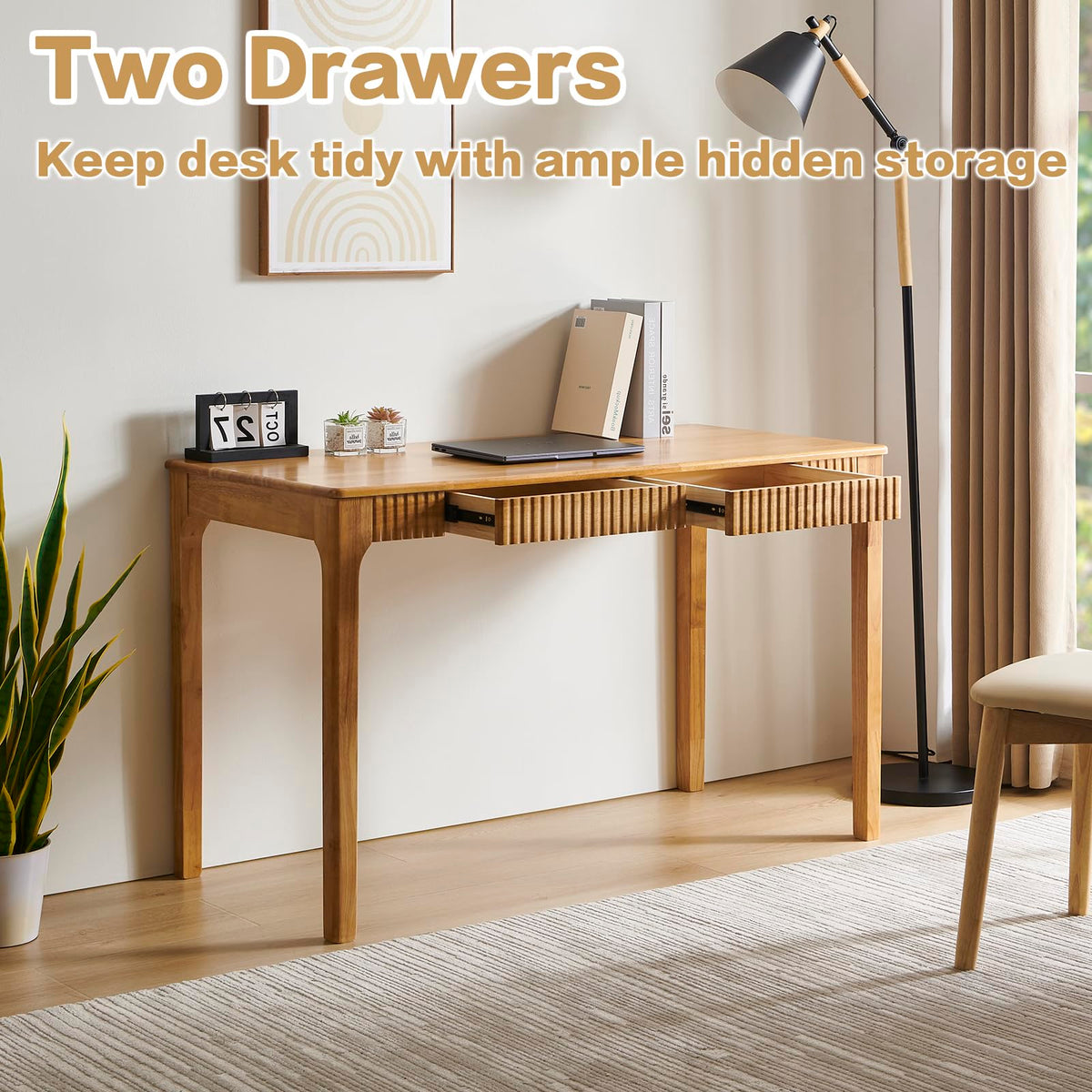 JTYP Solid Wood Desk with Drawers, Light Wood Desk for Small Spaces, Small Writing Desk for Bedroom, Gaming Study Home Office Wooden Desks for Work, 47 inch Wood Computer Desk