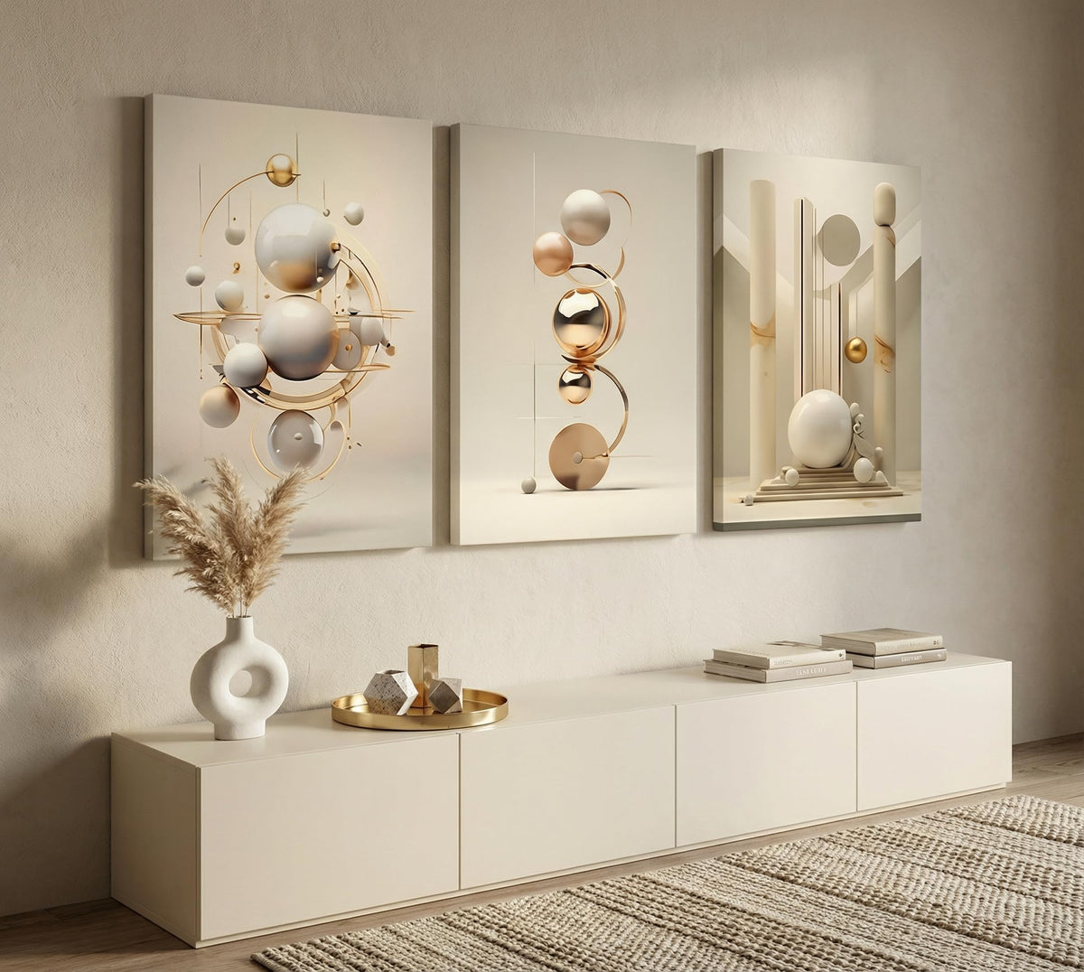 3pcs Modern Three-Dimensional Geometric Spheres Canvas Wall Art Abstract Luxury Beige Gold Wall Decor Pictures Minimalist Medieval Posters Prints for Bedroom Living Room Office Scene Home Decoration