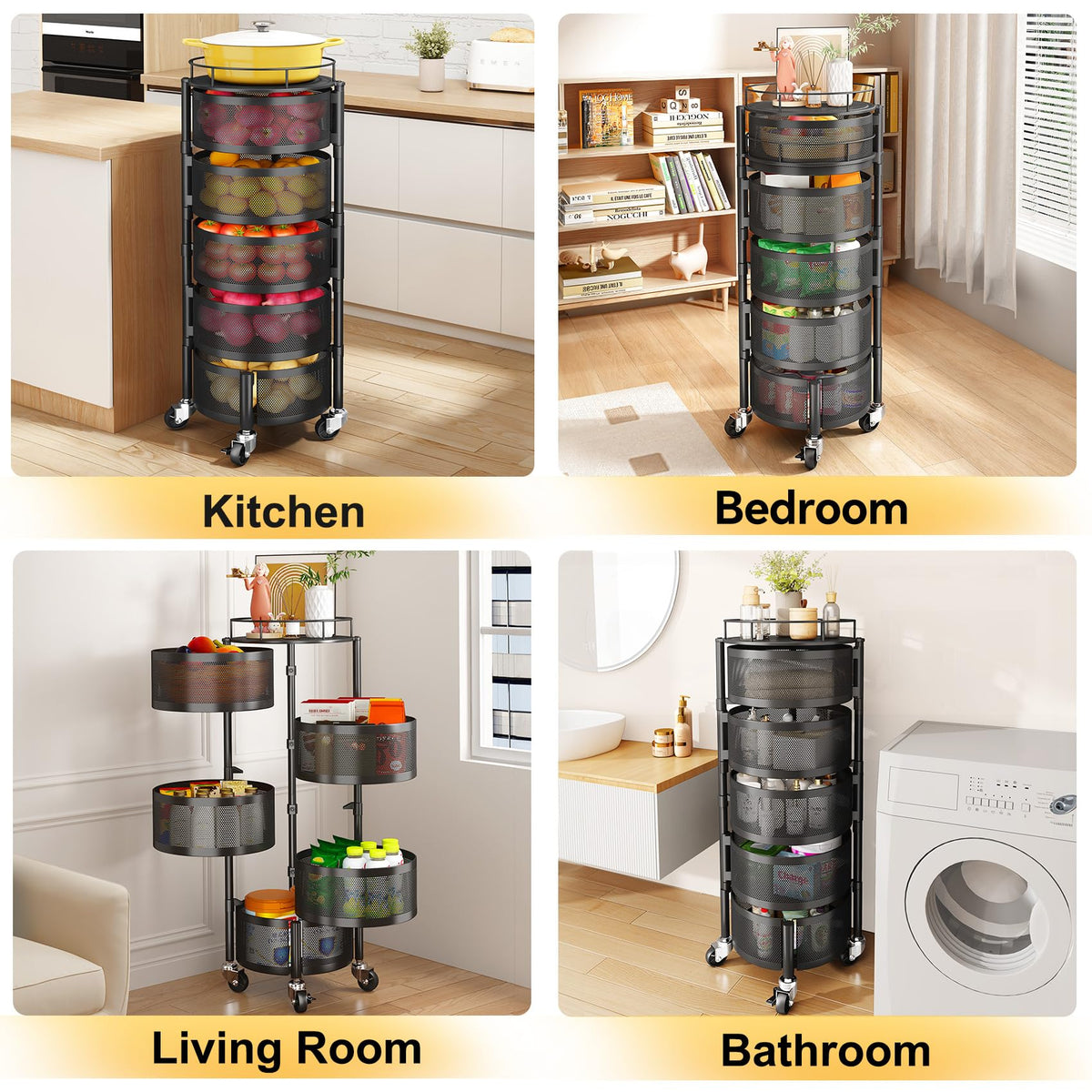 SNTD Fruit and Vegetable Basket Bowls for Kitchen with Metal Top Lid, 5 Tier Rotating Storage Rack Cart for Potato Onion Bread Banana, Wire Basket Organizer on Wheels, Large, Black