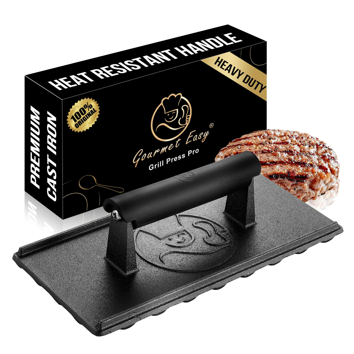 3lb Cast Iron Grill Press, Heavy Duty Smash Burger Press for Griddle Heat Resistant Handle, Burger Smasher, Hamburger Press, Grill Press for Griddle, Bacon Press Meat Press, BBQ Grill Accessories