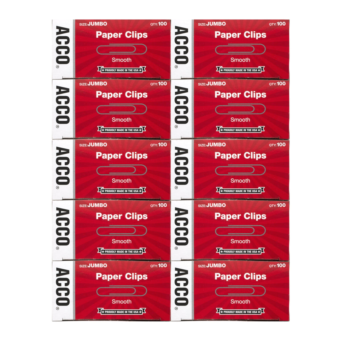 ACCO Brands Paper Clips, Jumbo, Smooth, Economy, 10 Boxes, 100/Box (72580)