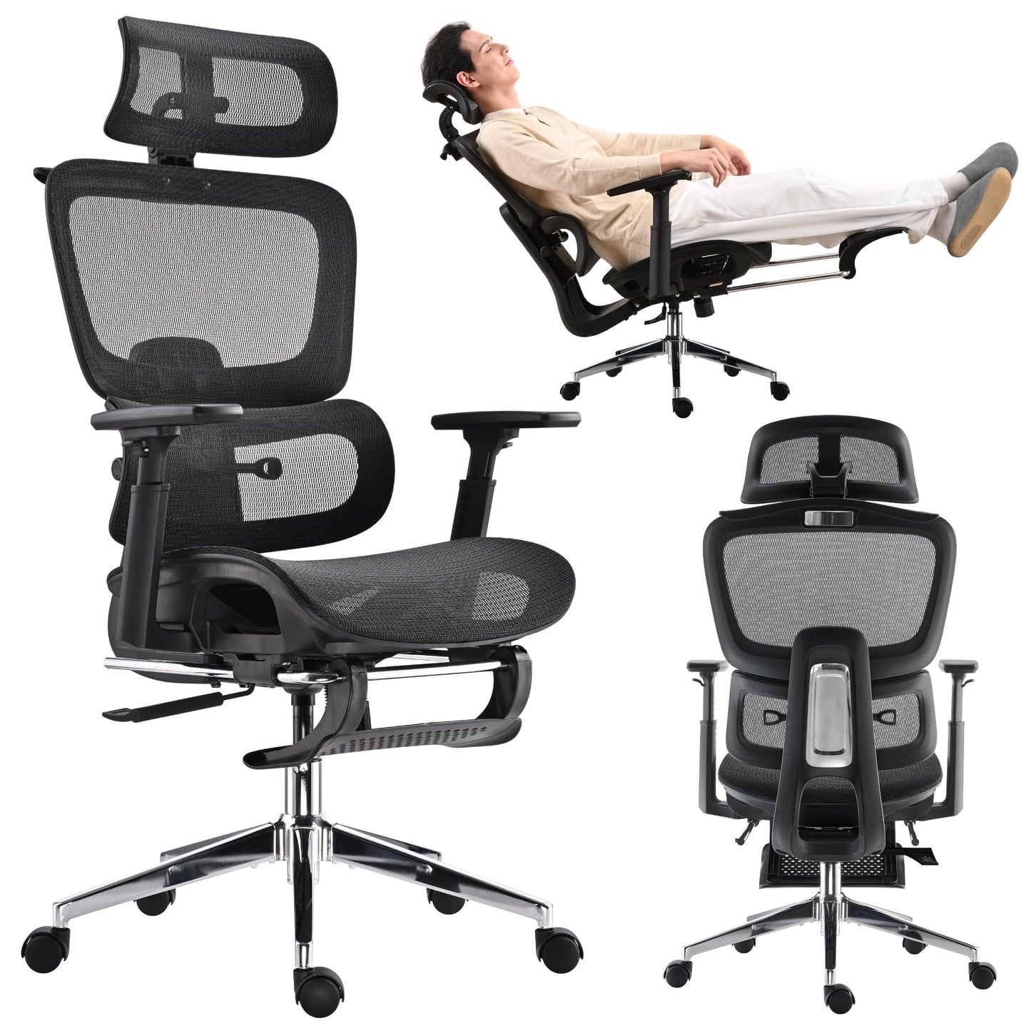 hujusko Mesh Ergonomic Office Chair with Footrest,High Back Mesh Gaming Chair with Lumbar Support,Adjustable Headrest and Armrests for Home Office Desk Chair (Modern, Black)
