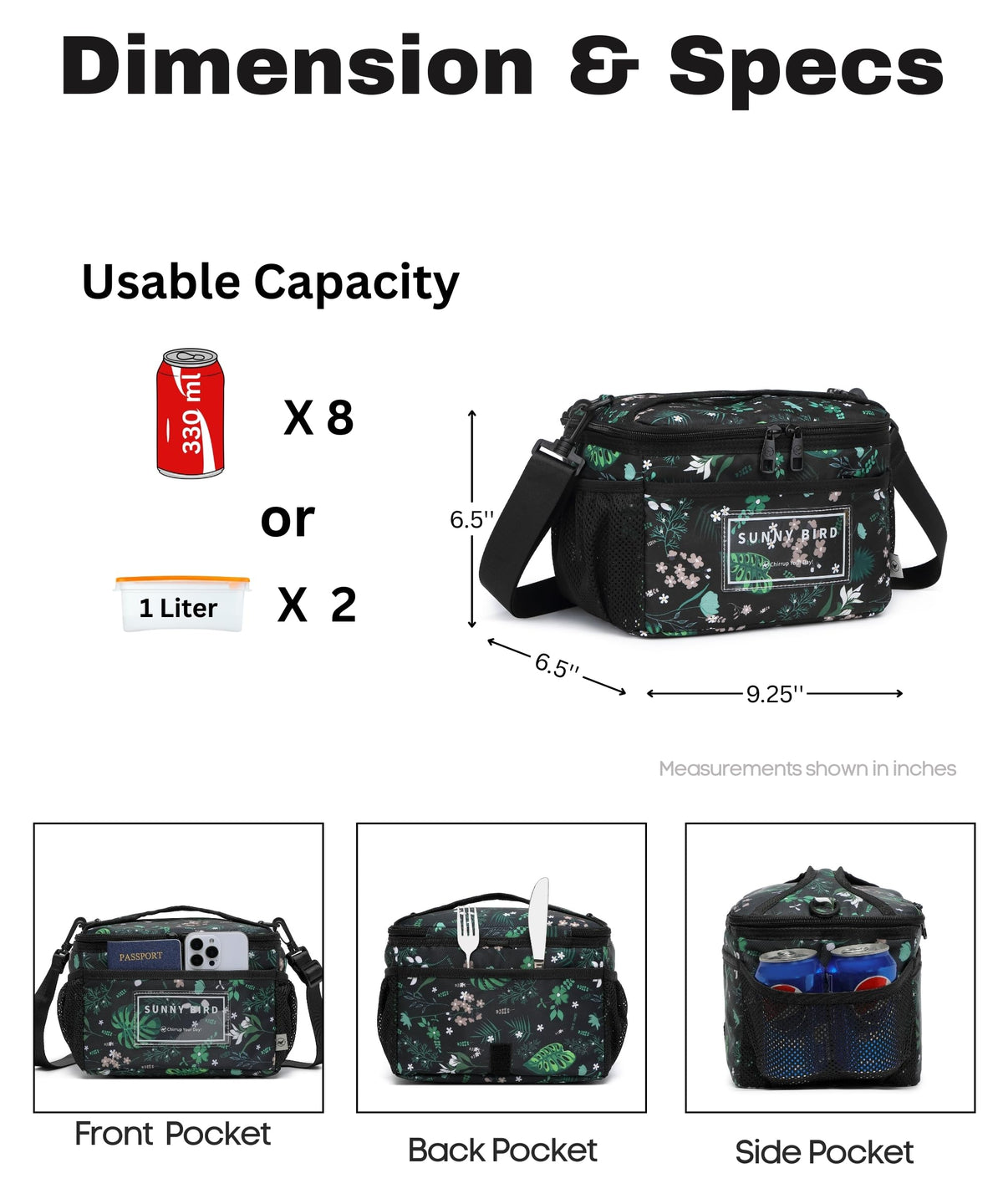 SUNNY BIRD Insulated Lunch Bag with Foldable and Leakproof Design, Thermally Insulated, Shoulder Strap for Women, Men and Teen (Floral & Foliage)